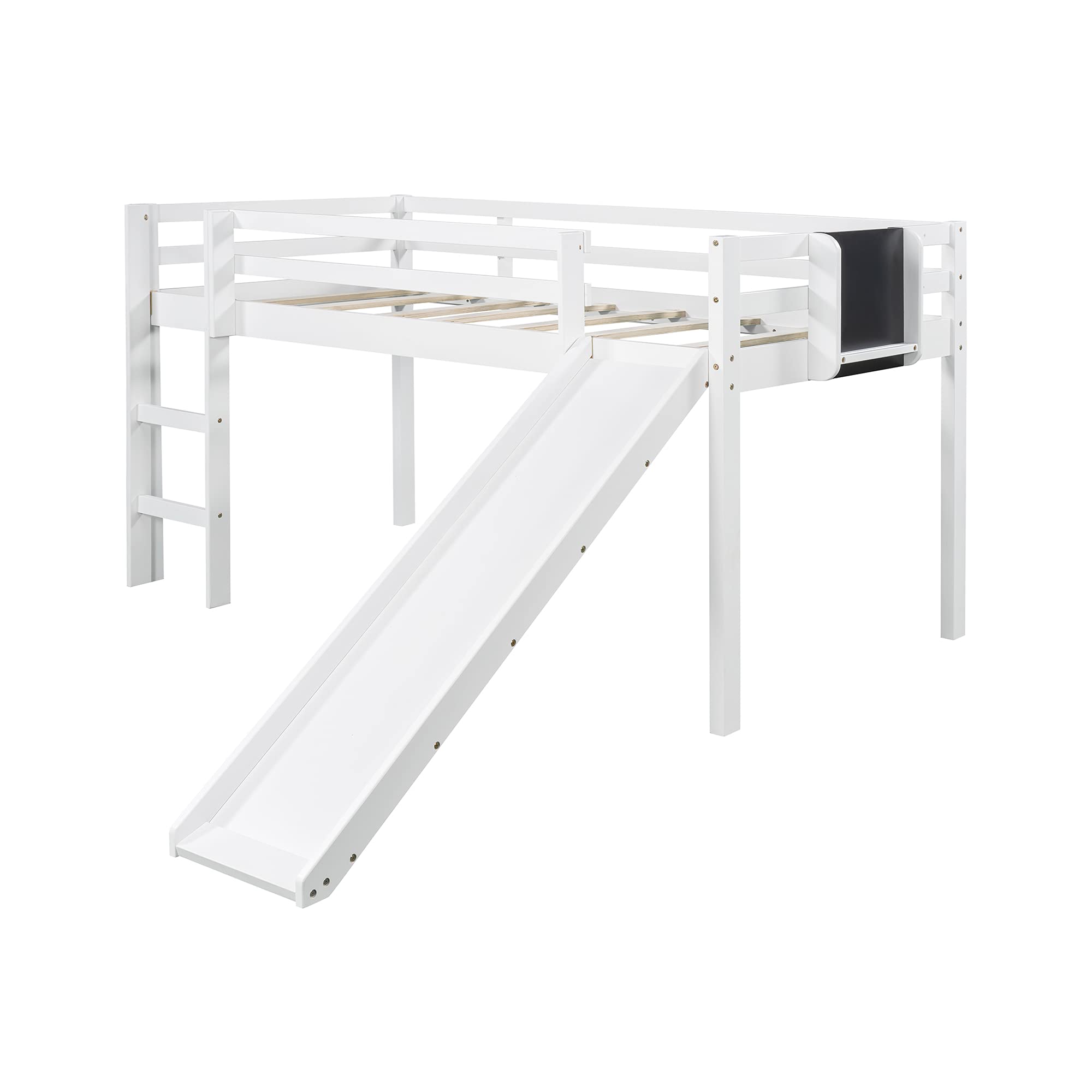 Low Loft Bed with Slide for Kids - Twin Size Wooden Loft Bed Frame with Chalkboard, Guardrails & Ladder - Space Saving Children's Bed for Boys, Girls & Teens - Perfect for Small Bedrooms, Playrooms & Dorm Rooms - White