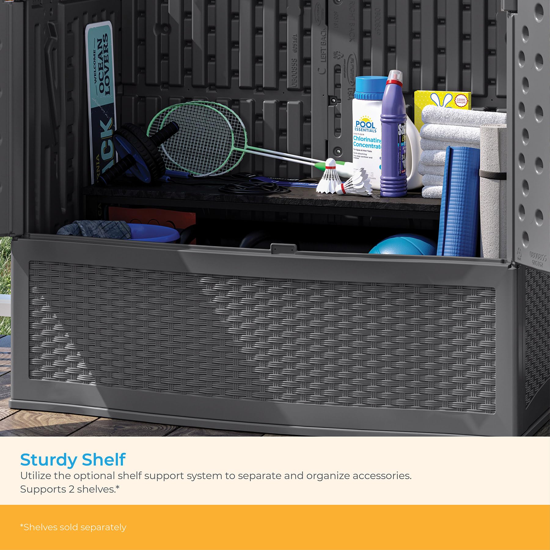 Suncast Backyard Oasis 195-Gallon Vertical Deck Storage Box - Outdoor Patio Furniture Cushion Organizer, Grill Tools & Pool Accessories Container - Cool Gray - Perfect for Deck, Porch & Backyard Organization