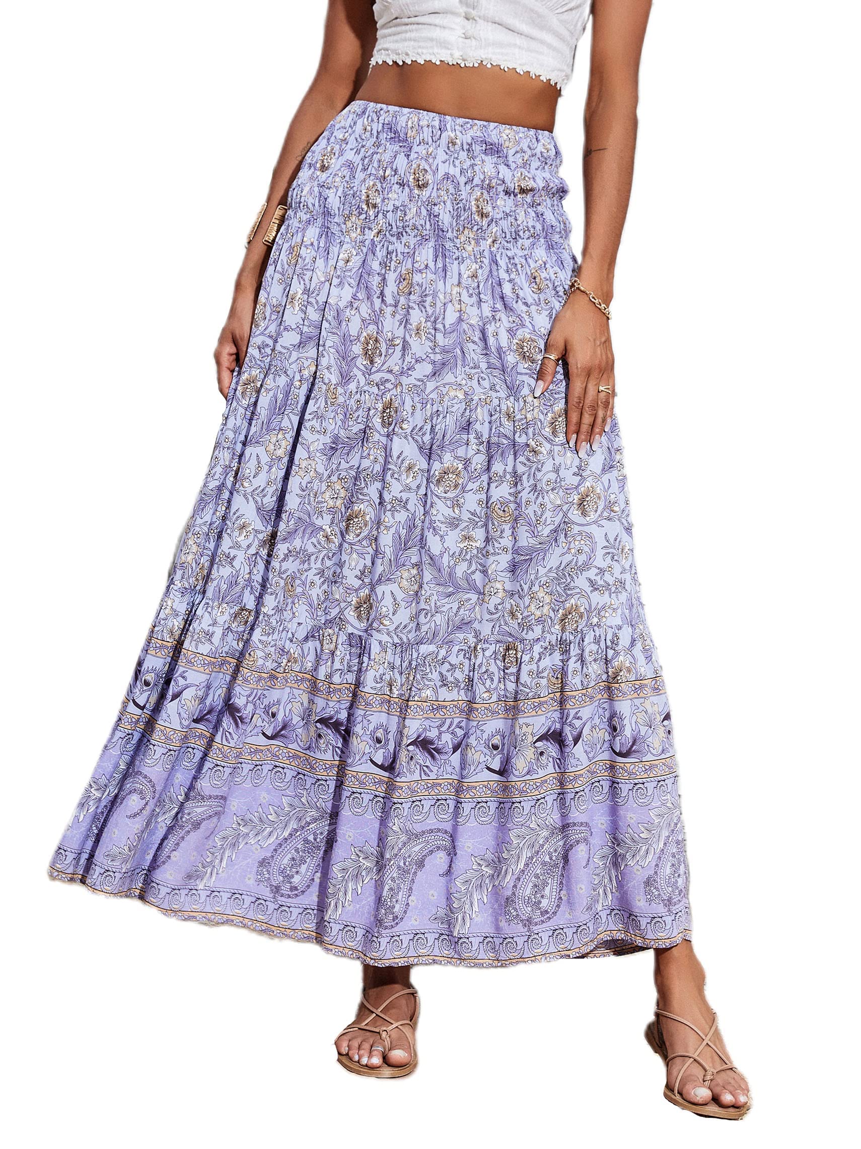CFLONGE Women's 2025 Bohemian Long Maxi Skirt - Flowy High Waist A-Line Summer Skirt with Pleated Details | Perfect for Beach Vacations, Music Festivals & Boho Chic Outfits