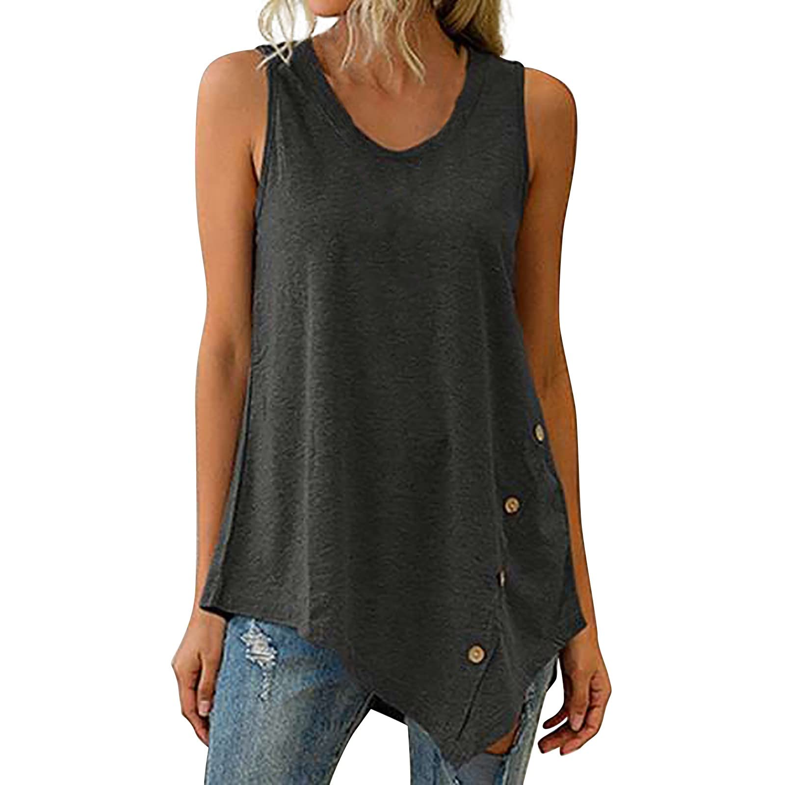 Women's Casual Solid Color Sleeveless Button-Up Asymmetrical Hem T-Shirt - Black V-Neck Blouse for Work, Date Night & Summer Outfits | Dressy Tops