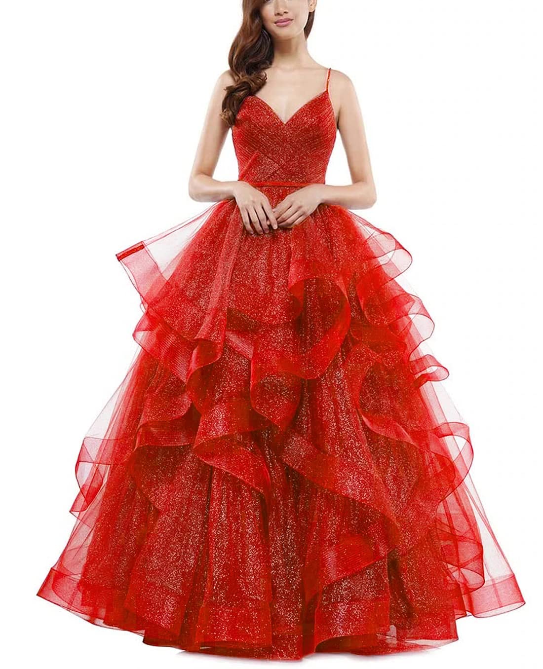 2022 Women's Glitter Ruffled Tulle Prom Dress - Long Spaghetti Straps Formal Evening Gown for Homecoming, Ball, Wedding & Special Occasions