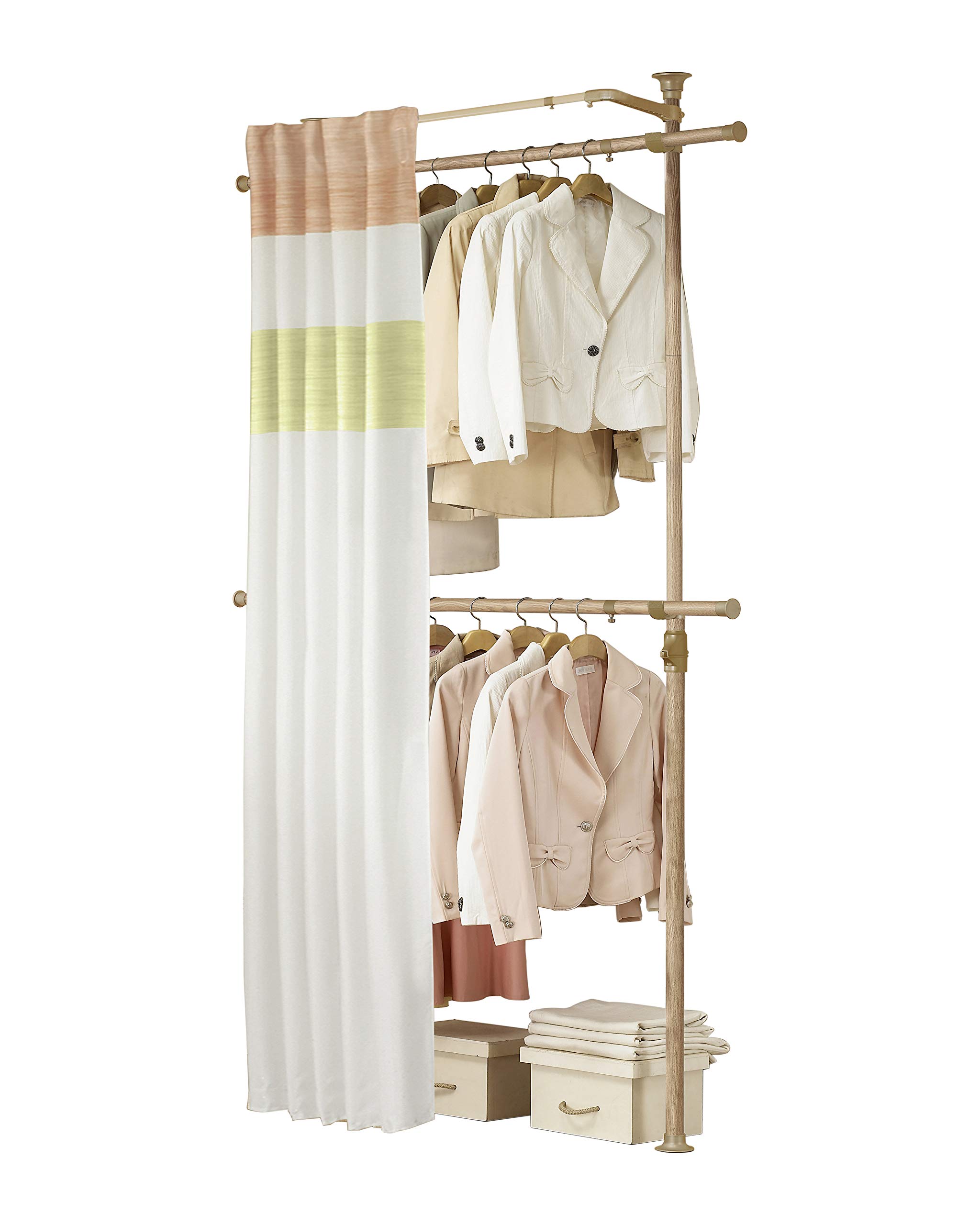 Premium Wooden 2-Tier Clothing Rack with Curtain - Free Standing Garment Hanger, Closet Organizer (PHUS-0063) | Made in Korea | Perfect for Bedroom, Closet & Laundry Room Organization