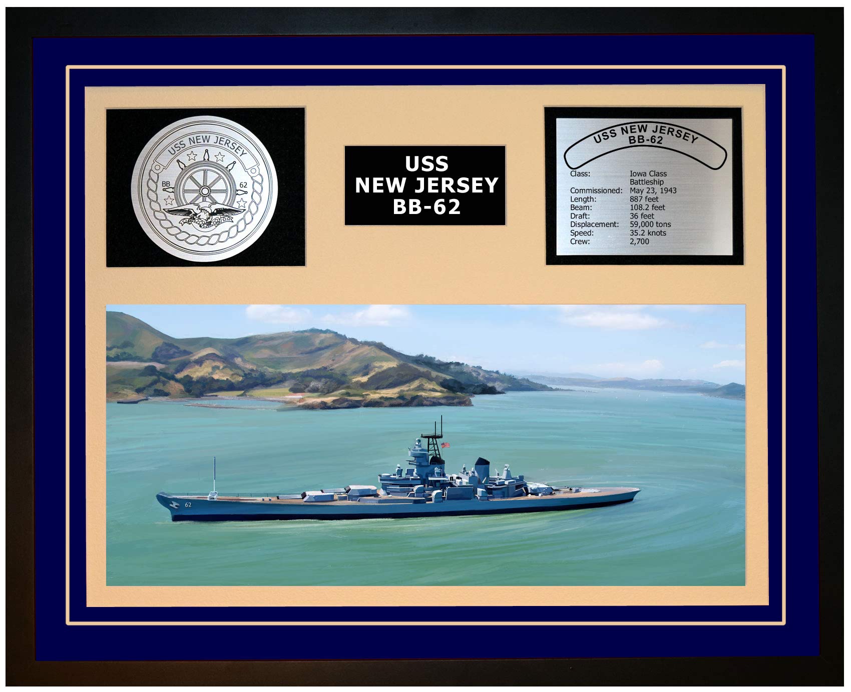 Authentic USS New Jersey BB-62 Navy Ship Display - Framed Blue Military Memorabilia for Home, Office & Man Cave Decor | Battleship Collectible for Veterans & History Enthusiasts
