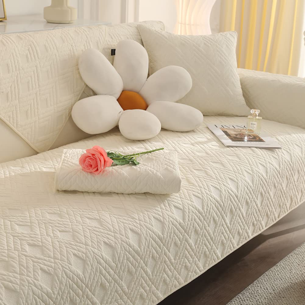 VCTOPS Geometric Quilted Sofa Cover - Cotton Sectional Couch Protector with Anti-Slip Backing for L-Shaped Couches, Kids & Pets - 1 Piece Beige Furniture Protector (43