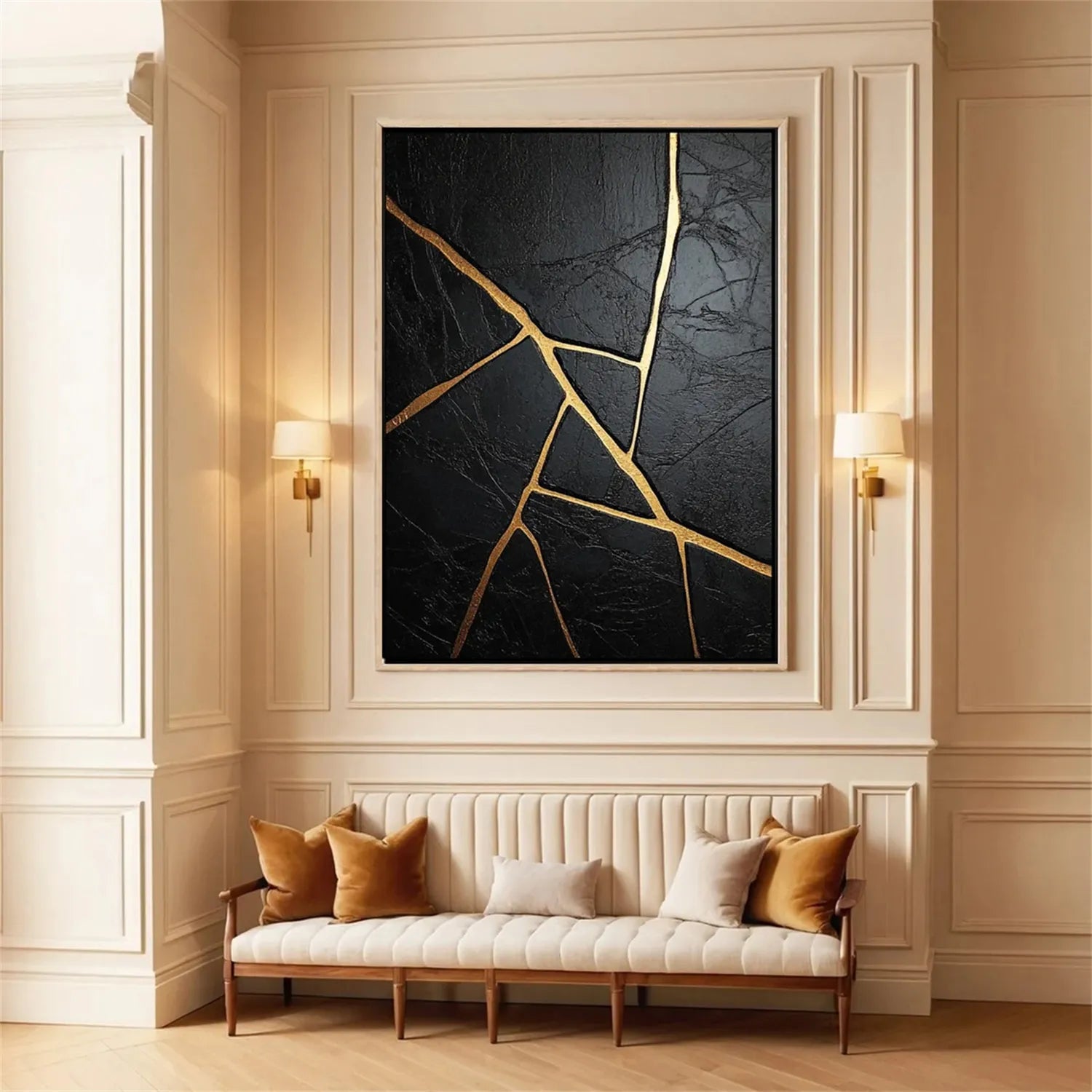 Black Gold Minimalist Textured Abstract Wall Art Painting - Modern Home Decor for Living Room, Bedroom & Office #MZ136