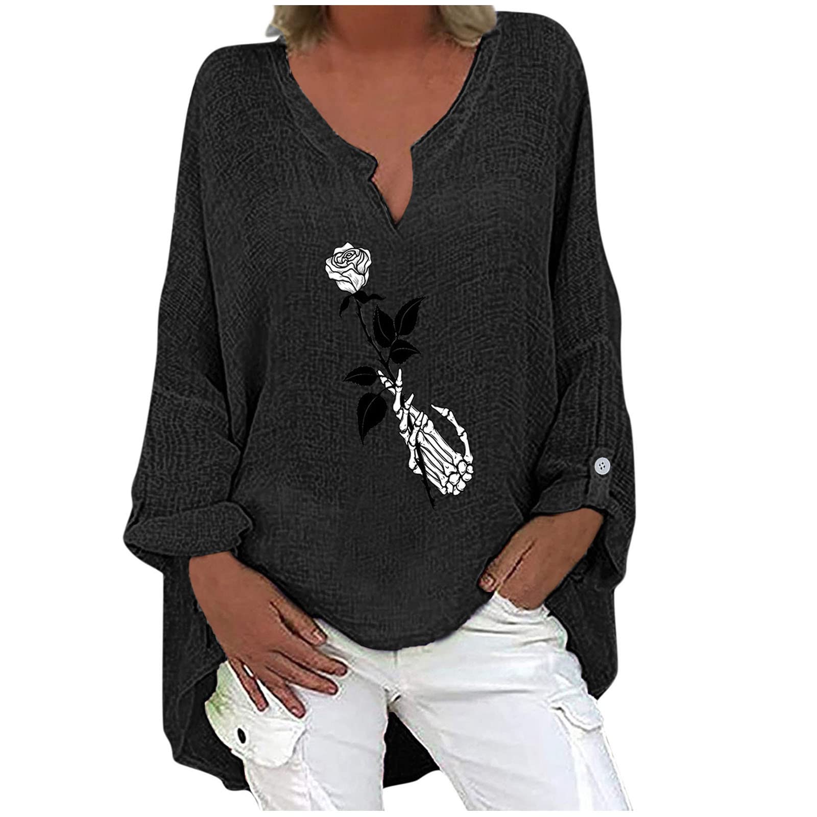 Women's Halloween Tunic Tops - Long Sleeve Pumpkin Skull Printed Shirts - V Neck Cotton Linen Tee - Casual Fall Fashion - Perfect for Halloween Parties, Costume Events & Autumn Outfits