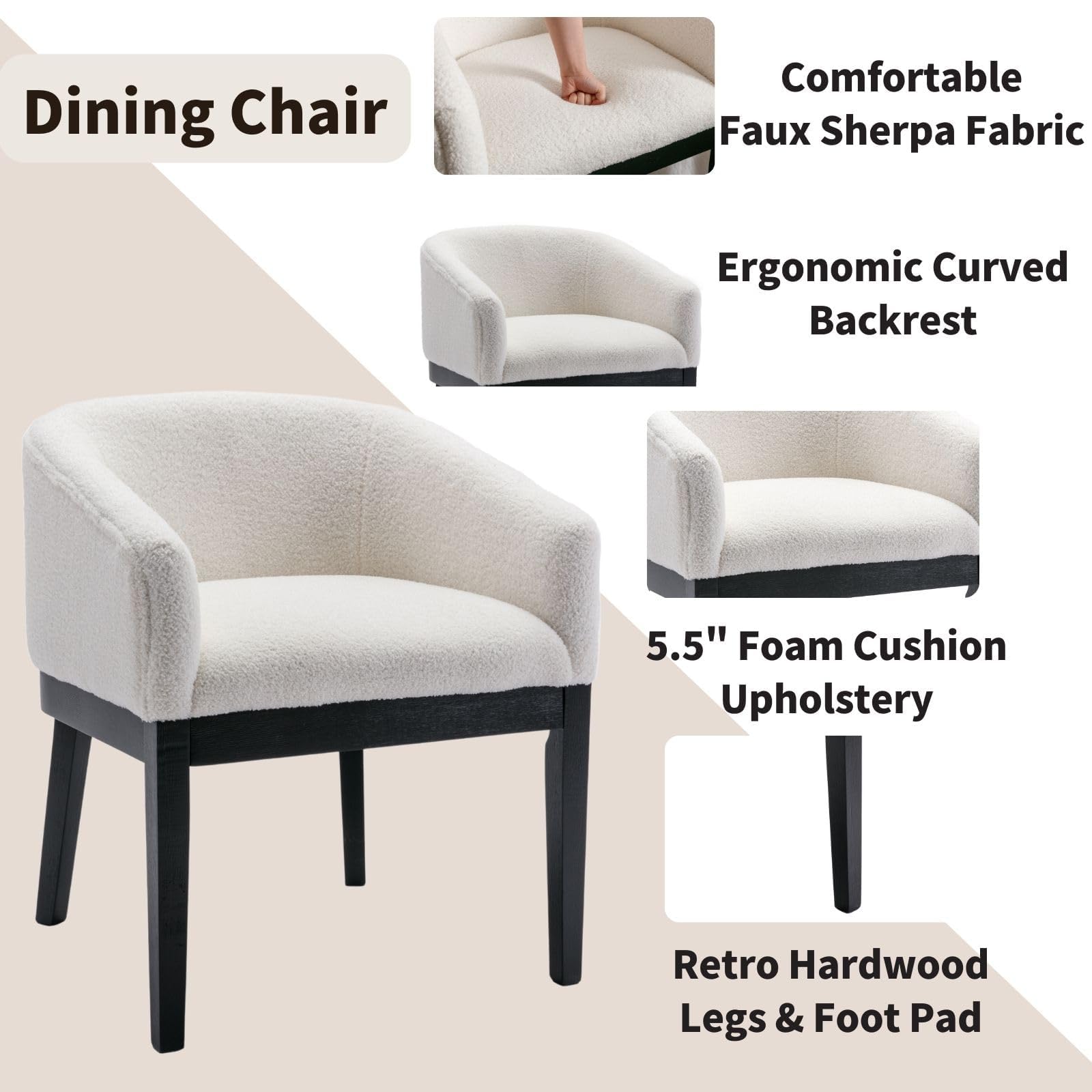 Mid Century Modern Upholstered Barrel Dining Chairs Set of 2 - Farmhouse Style Faux Sherpa Kitchen & Dining Room Chairs with Black Hardwood Frame - 18
