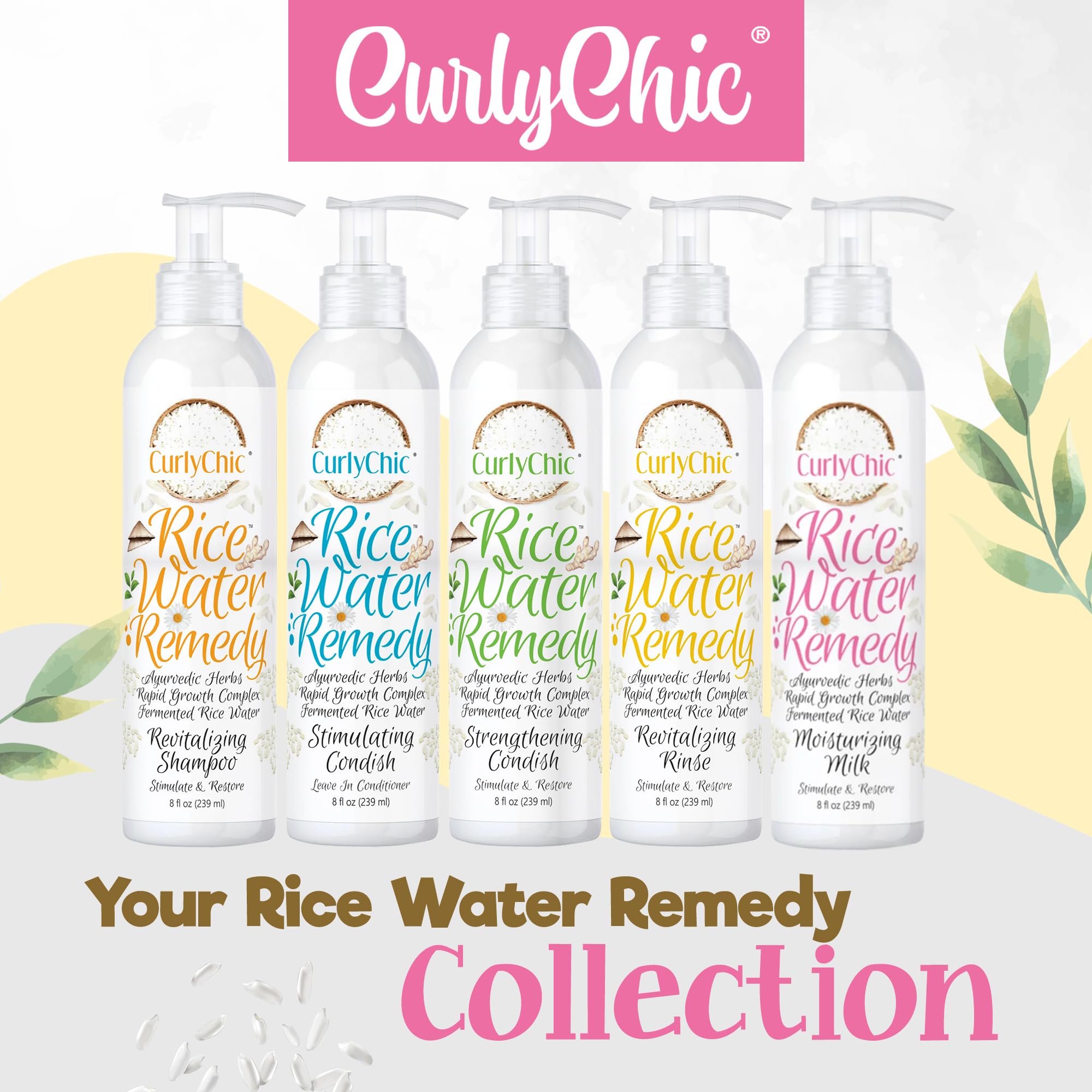 CurlyChic Rice Water Remedy Moisturizing Hair Milk - Hydrating & Detangling Hair Treatment with Ayurvedic Herbs & Fermented Rice Water for Dry Hair Repair & Rapid Growth - Sulfate, Paraben & Mineral Oil Free (8 fl oz) - Perfect for Curly, Coily & Damaged Hair Care Routine
