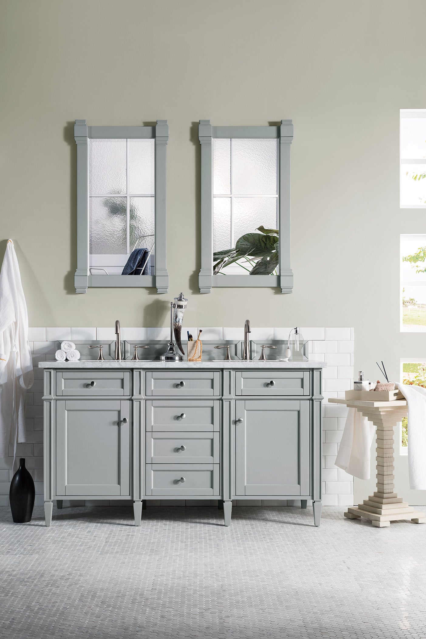 Brittany 60-Inch Urban Gray Double Vanity with 3CM Carrara Marble Top – Modern Bathroom Vanity for Master Bath & Guest Bathroom