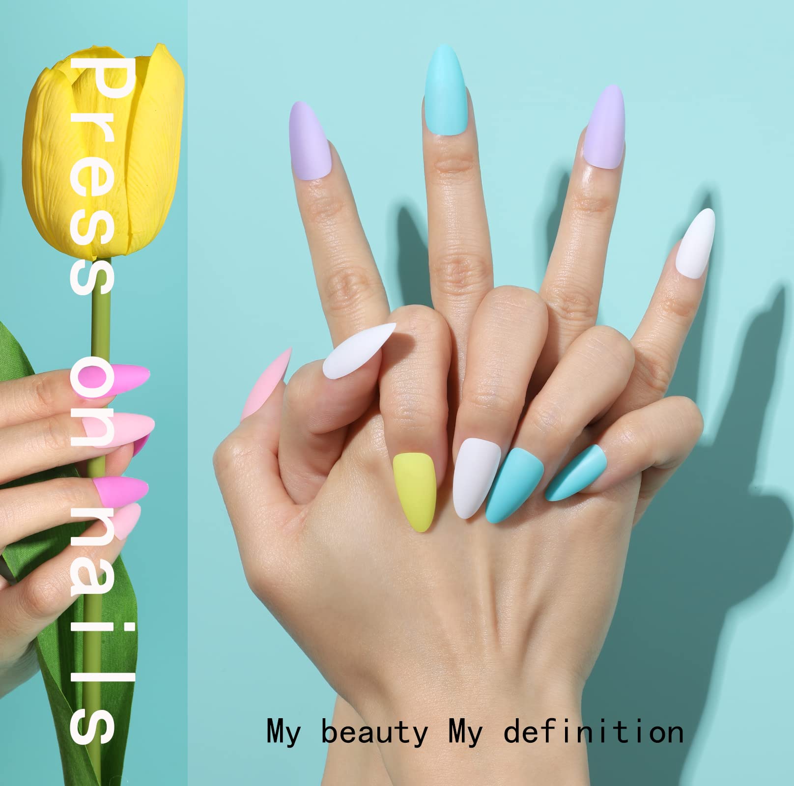 FANDAMEI 24 Colors 576PCS Almond Matte Press on Nails - Medium Length Acrylic Fake Nails with Glue, Full Cover Natural False Nails for Manicure, Salon, Party & Special Occasions
