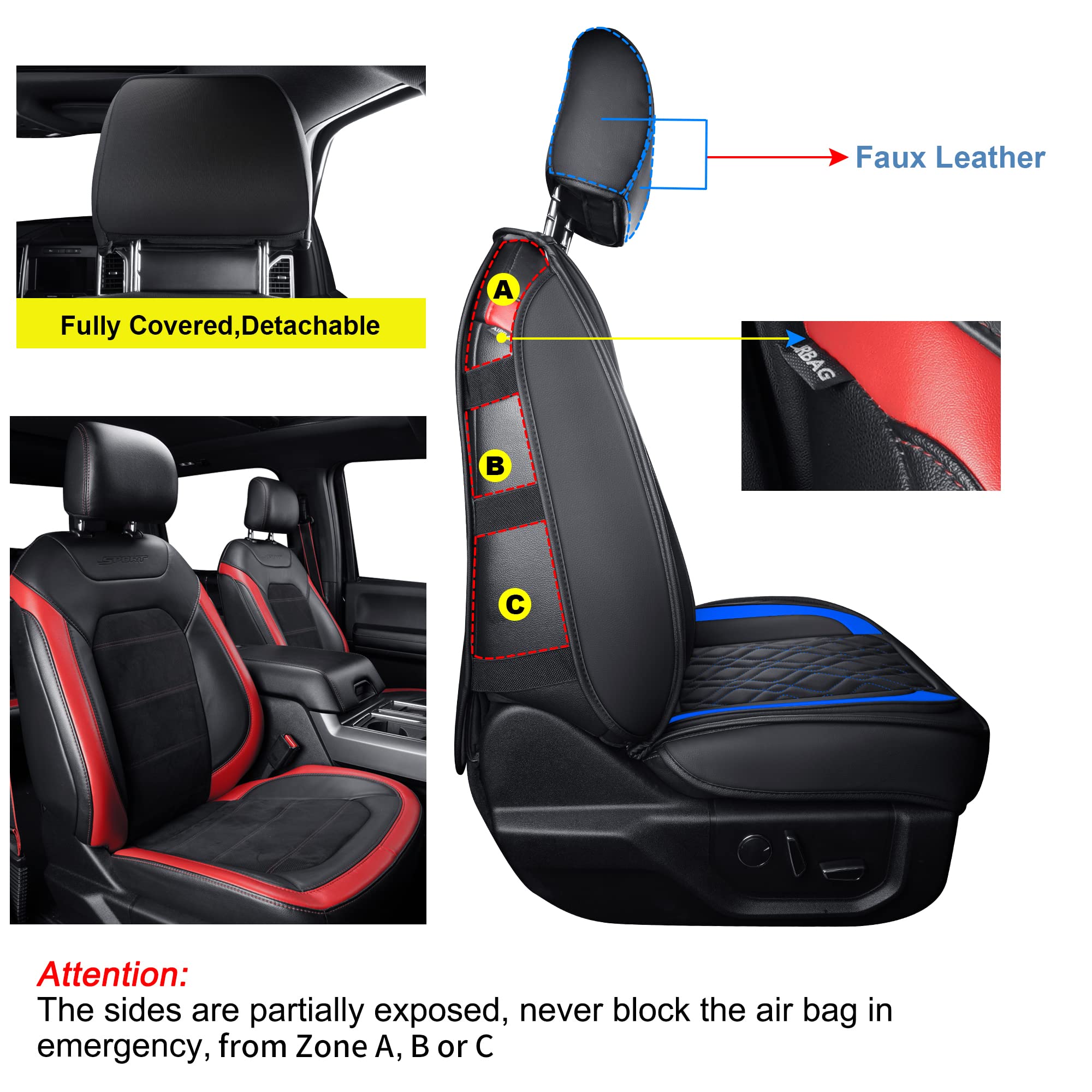 LUCKYMAN CLUB Premium Waterproof Faux Leather Seat Covers for Ford F150 (2015-2024) & F250/F350/F450 (2017-2024) - Full Set Black-Blue Design - Durable Protection for Trucks, Off-Roading & Daily Commute