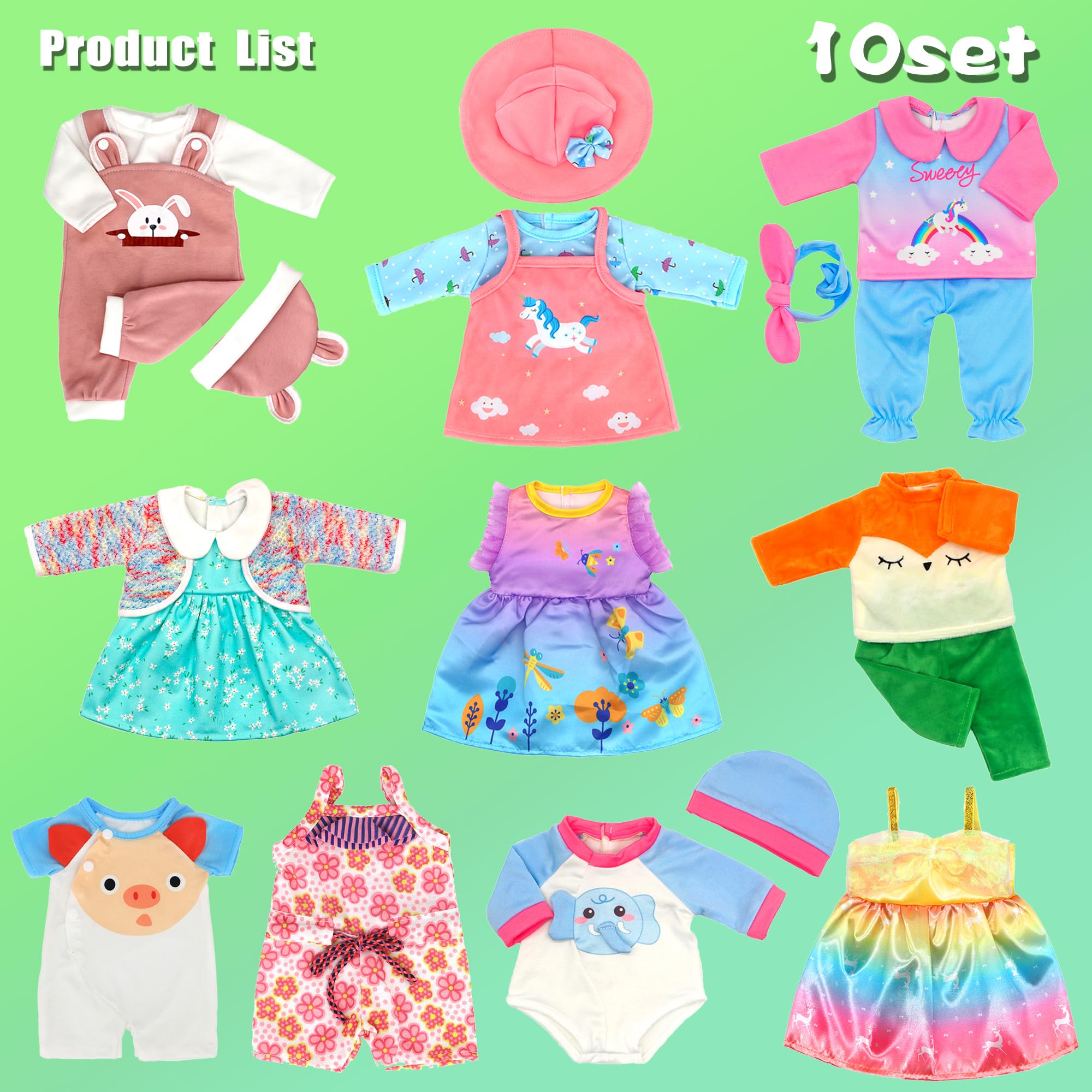 10 Sets Baby Doll Clothes & Accessories for 14-16 Inch Dolls - Fits 15
