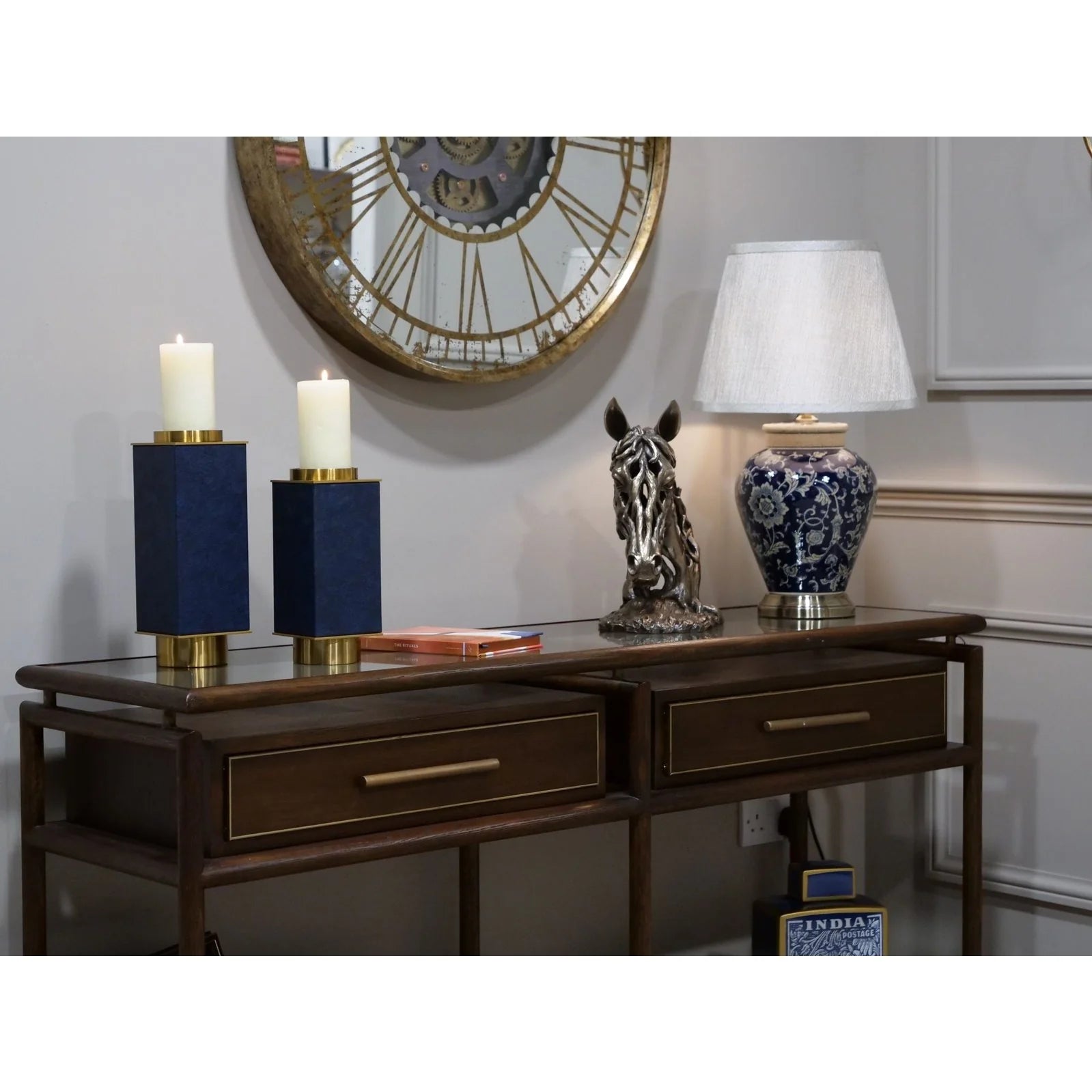 Avignon Modern Console Table - Brown Oak Wood & Tempered Glass Top - Entryway, Hallway, or Living Room Furniture for Home Decor