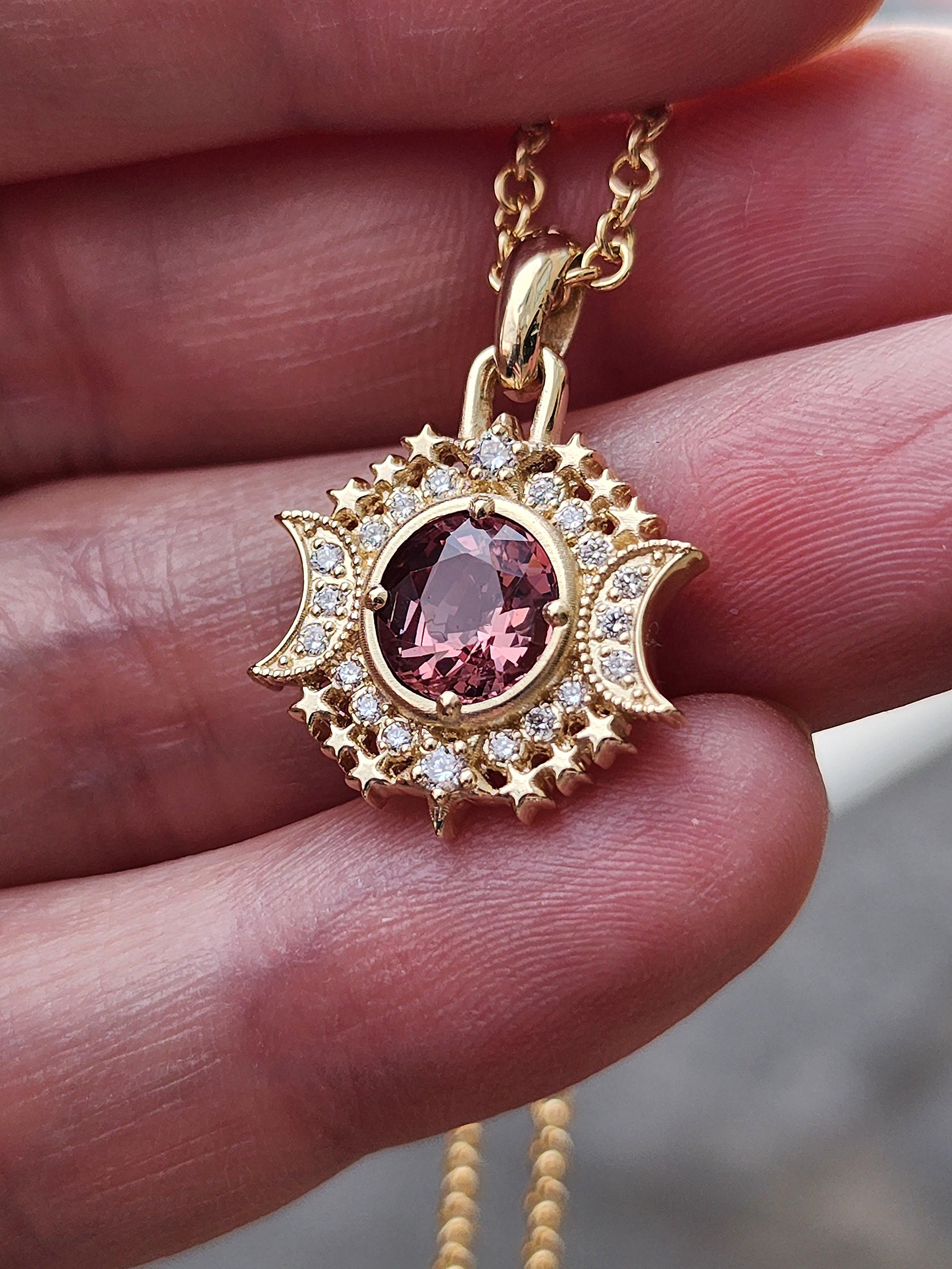 Serena Moon and Star Pendant Necklace - 14k Yellow Gold with Pink Spinel & Diamonds | Ready to Ship | Celestial Valentine's Gift for Her | Perfect for Anniversaries, Birthdays & Romantic Occasions