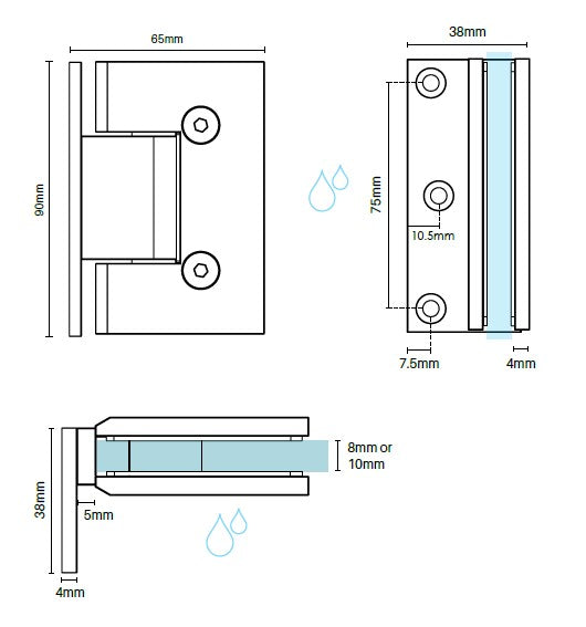 Zurich Offset Wall to Glass Hinge - Square Edge Satin Chrome Finish for Shower Doors & Glass Partitions