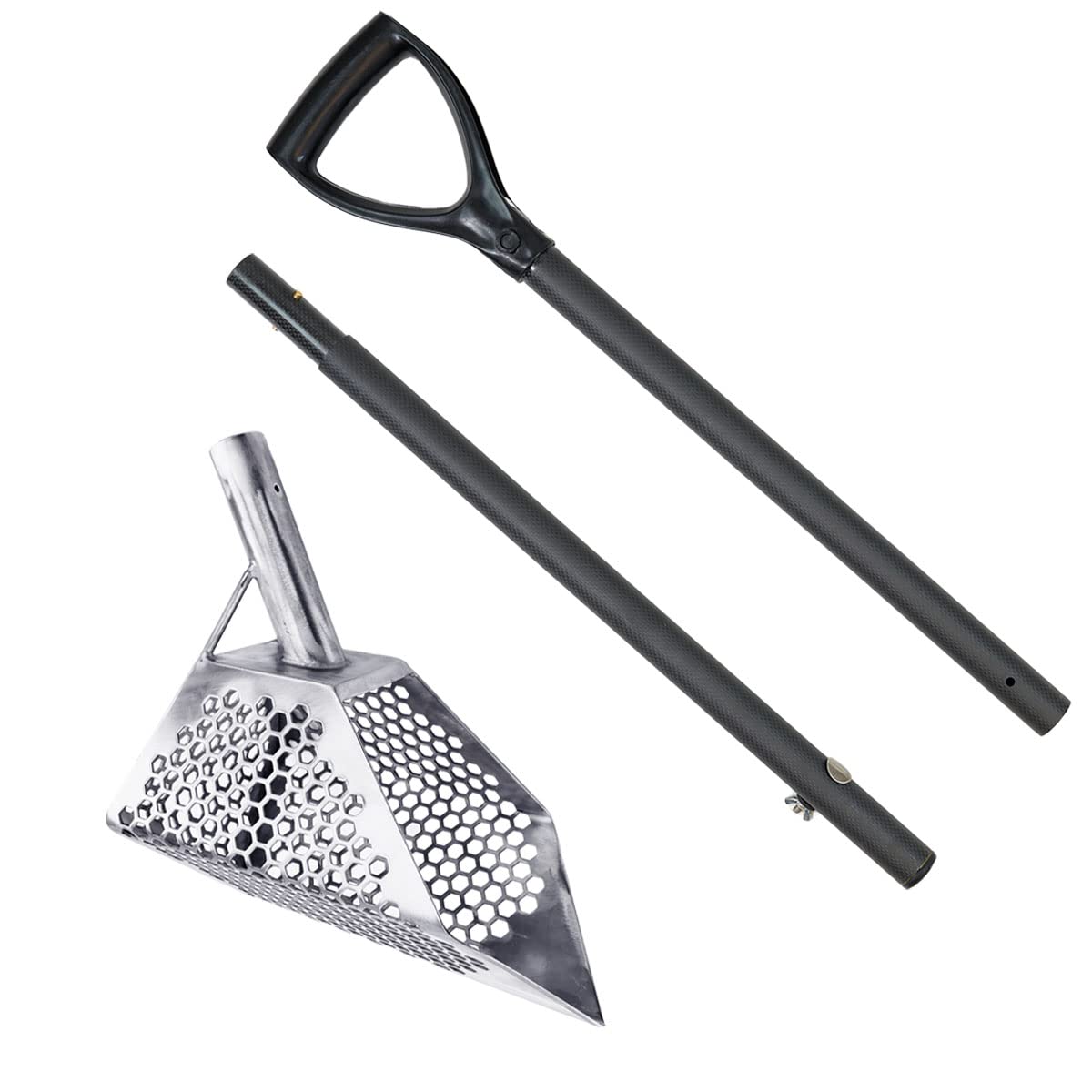 Anaconda 11 x 6.5 Inch Hex Stainless Steel Beach Sand Scoop with LED Light & Lanyard - Carbon Fiber Adjustable Metal Detecting Pole with Ergonomic Handle | Perfect for Treasure Hunting, Beach Combing & Gold Prospecting