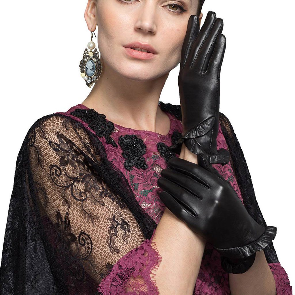 XOMO Women's Genuine Leather Driving Gloves - Soft Touch, Comfortable Fit, Fashionable Flounced Design in Black | Perfect for Winter Driving, Motorcycle Riding & Outdoor Activities