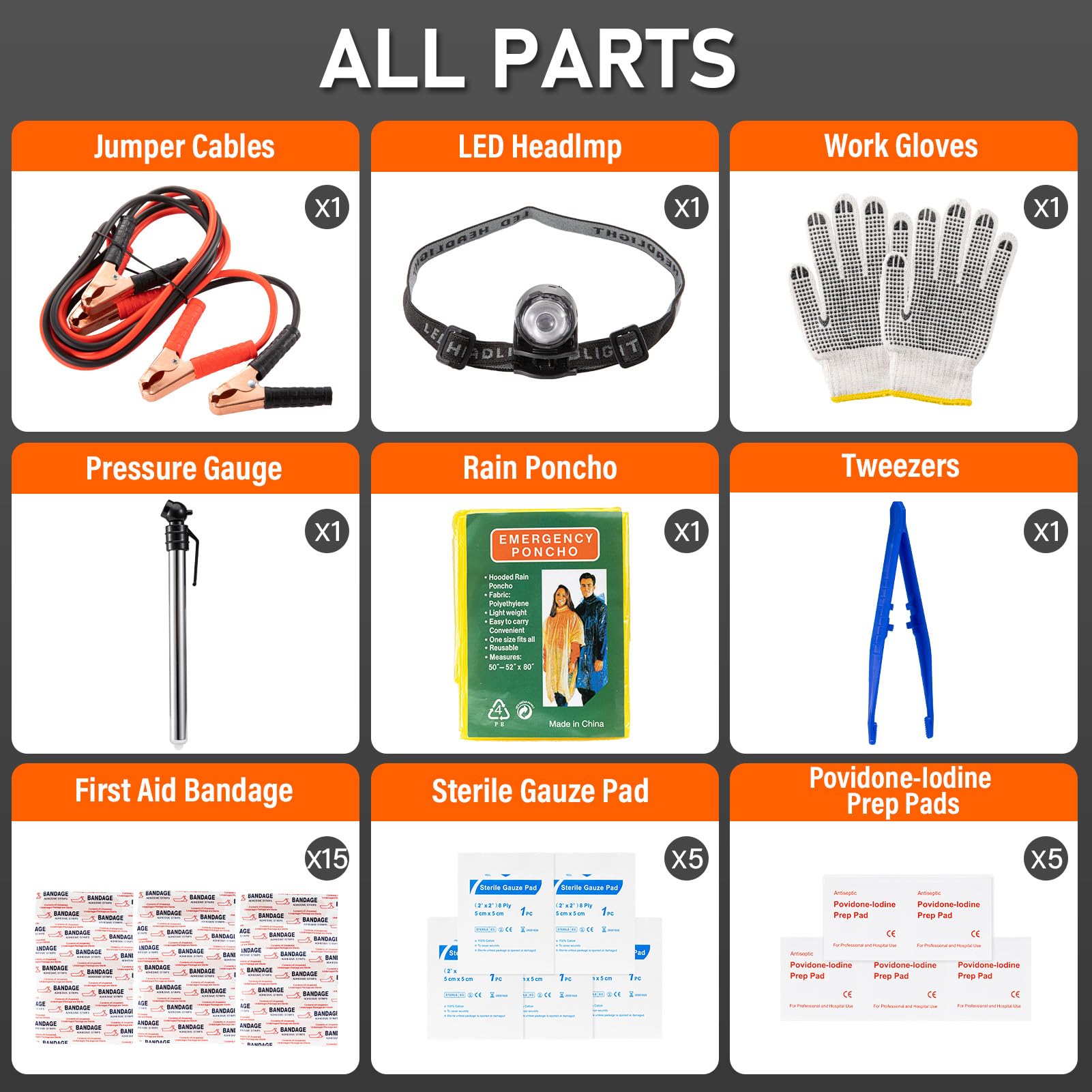 Emergency Car Tool Kit with Headlamp, Gloves & Jumper Cables - Roadside Assistance & Vehicle Safety Essentials for Men & Women - Perfect for Road Trips, Breakdowns & Winter Driving