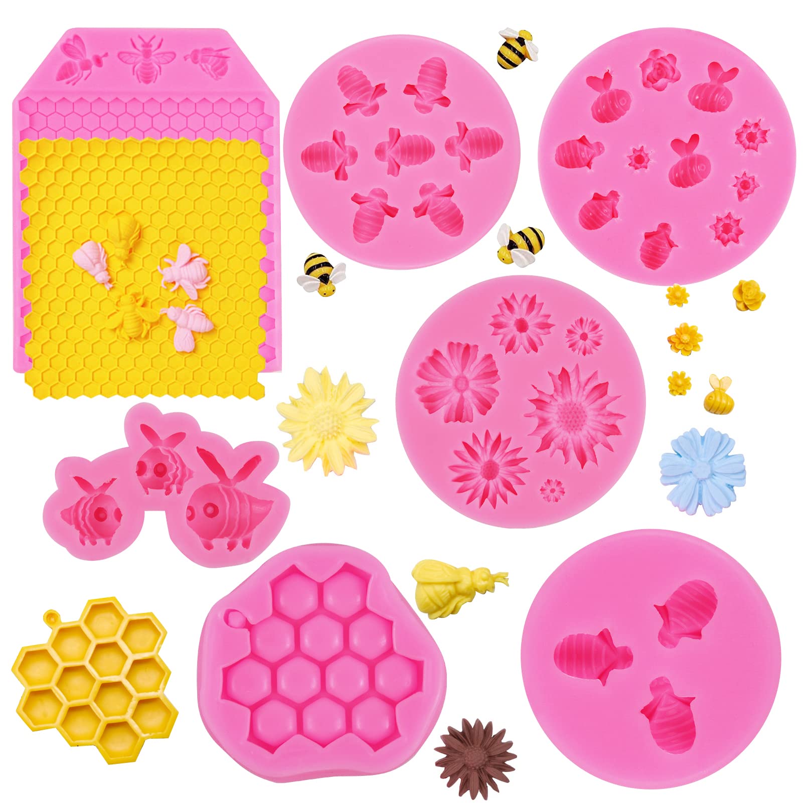 7-Piece Bee Silicone Mold Set - Honeycomb, Sunflower & Beehive Cake Decorating Molds for Fondant, Chocolate & Candy Making - Perfect for Birthday Cakes, Cupcake Toppers, and DIY Baking Projects