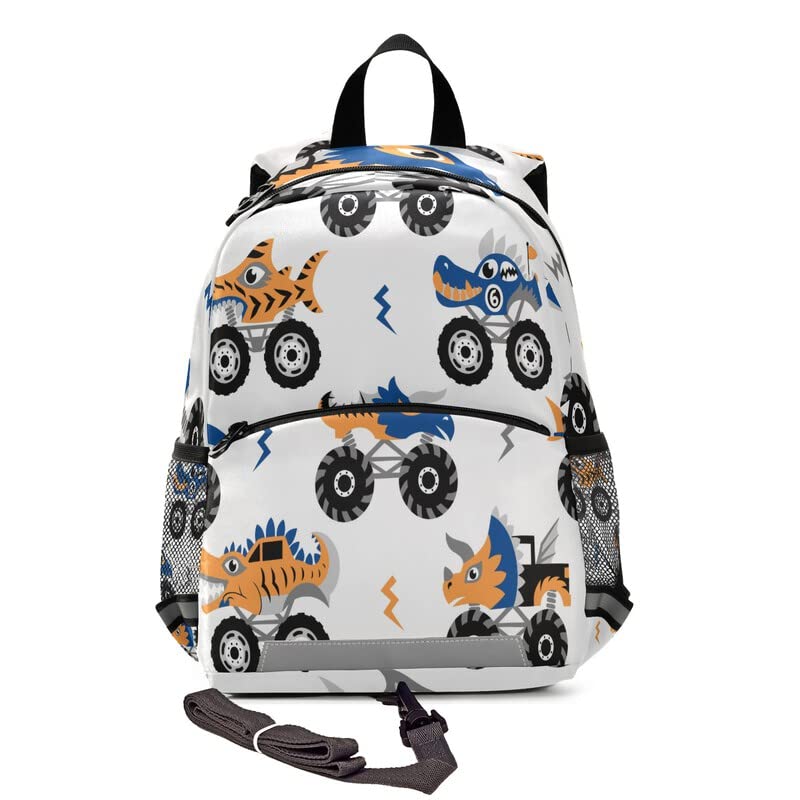 Kids Toddler Backpack with Safety Leash - Cute Animal Monster Trucks Design School Bag for Boys & Girls | Durable Construction Vehicle Themed Kindergarten Backpack for Preschool, Nursery & Travel | Features Chest Clip & Reflective Stripes for Safety | Perfect for School, Daycare & Family Outings