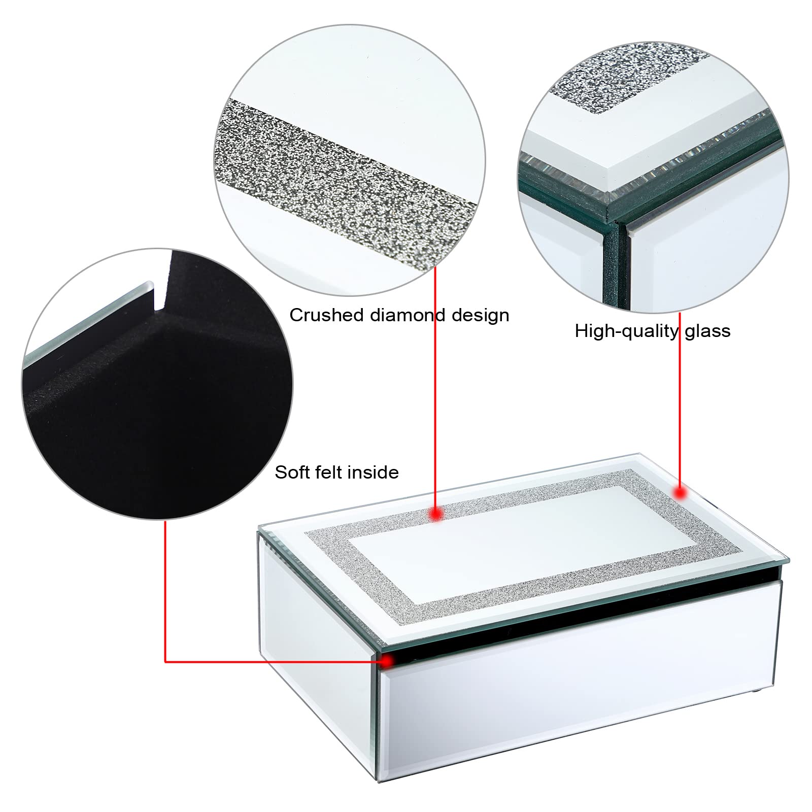 ELLDOO Luxury Jewelry Box with Glass Mirror & Crushed Diamond Surface - Elegant Storage Organizer for Earrings, Rings, Necklaces, Bracelets & Watches - Perfect for Vanity, Dresser, Bedroom Decor & Gift Giving