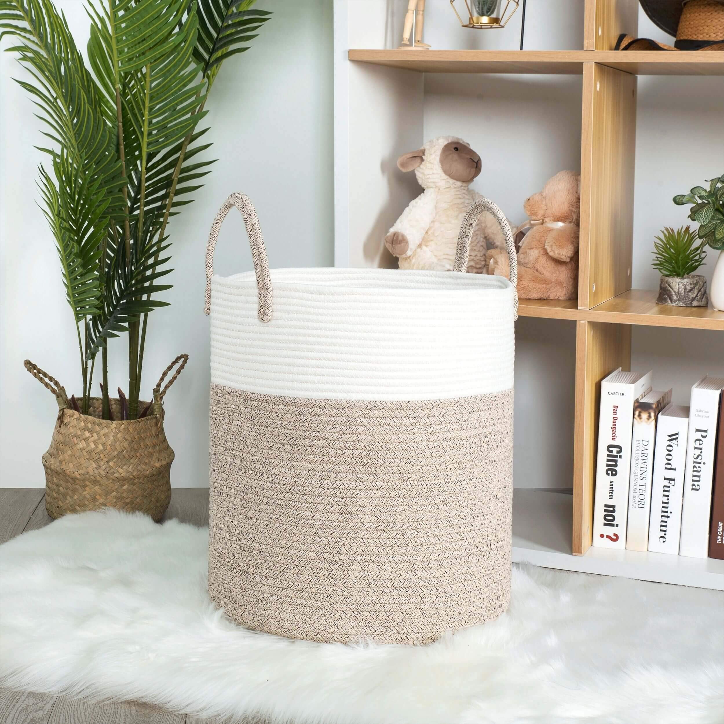 MINTWOOD Large Woven Cotton Rope Basket - 18x16 Inch Decorative Storage Organizer for Laundry, Blankets, Toys & Towels | Natural Light Brown Hamper for Bedroom, Living Room & Nursery Organization