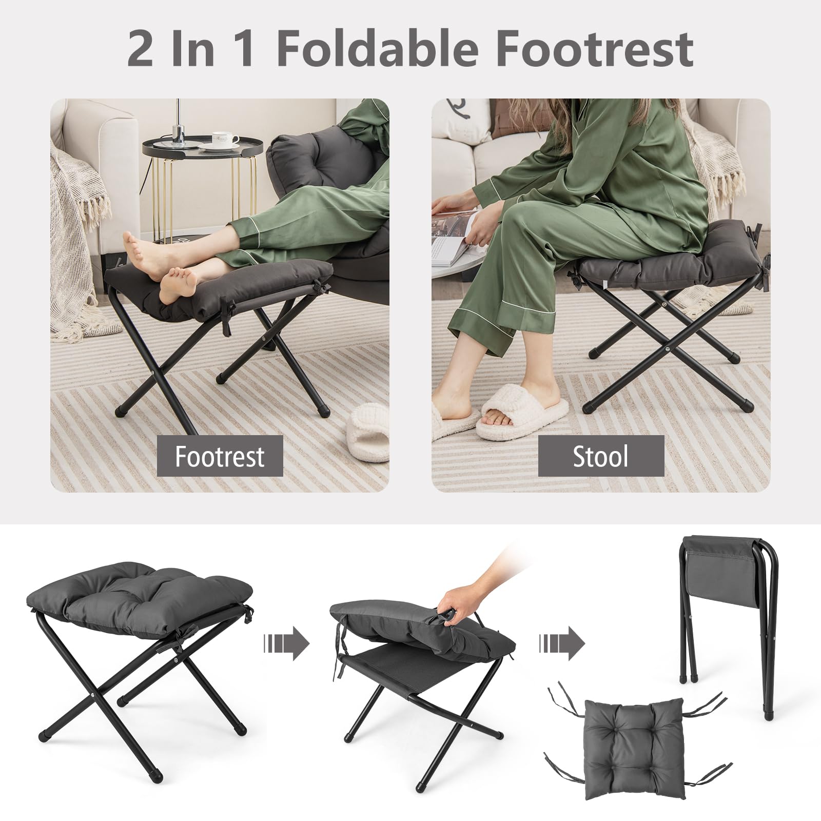 Giantex Oversized Lazy Chair with Ottoman - Gray Upholstered Lounge Armchair with Foldable Footrest & Side Pocket - Perfect for Living Room, Bedroom, Office & Small Space Relaxation