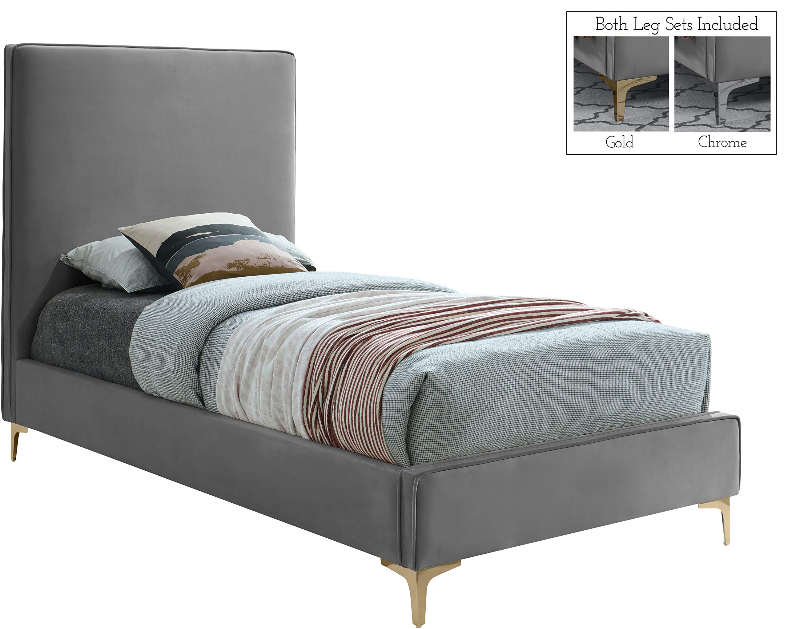 Modern Velvet Upholstered Twin Bed with Gold/Chrome Finish - Geri Collection by Meridian Furniture | Luxury Bedroom Decor for Contemporary Homes & Guest Rooms