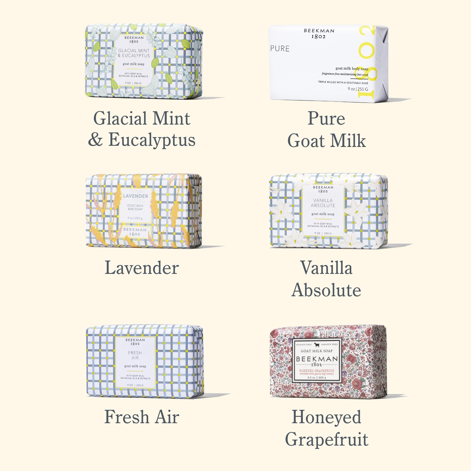 Beekman 1802 Goat Milk Soap Bar Gift Set - 6 Pack (9 oz Each) - Natural Moisturizing & Hydrating Bar Soap for Sensitive Skin - 100% Vegan with Lactic Acid - Cruelty Free & Gift Box Included - Perfect for Dry Skin Care, Daily Cleansing, and Holiday Gifts