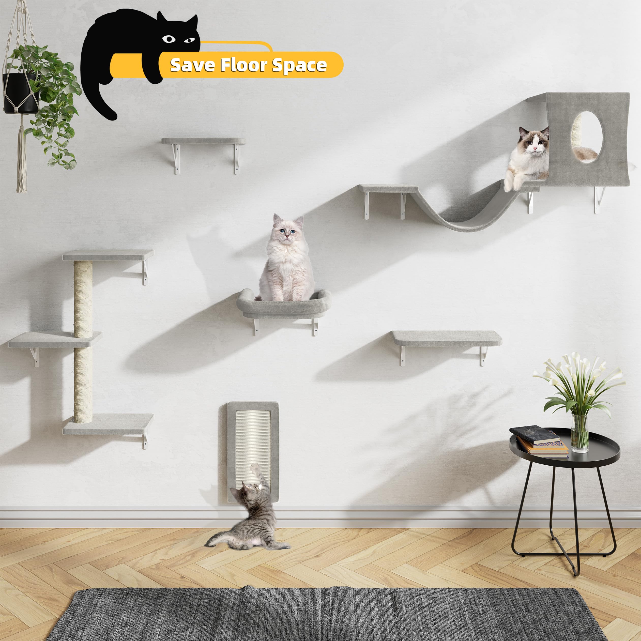 NUNU LAB 6-Piece Wall Mounted Cat Furniture Set - Cat Climber with House, Bridge, Tree, Steps & Scratcher, DIY Cat Wall Playground, Grey Indoor Cat Shelves for Active Cats - Perfect for Small Spaces & Cat Enrichment