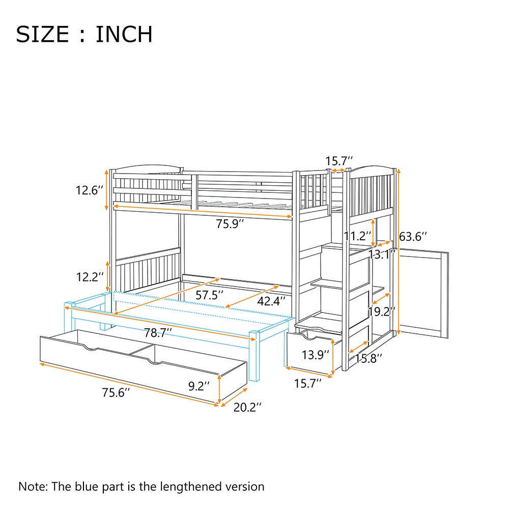 Twin Over Full Bunk Bed with Trundle - Solid Wood Bunk Bed Frame with Safety Guard Rails, Storage Shelves & Drawers, Convertible Bottom Bed (Gray) - Perfect for Kids' Bedrooms, Guest Rooms & Small Spaces