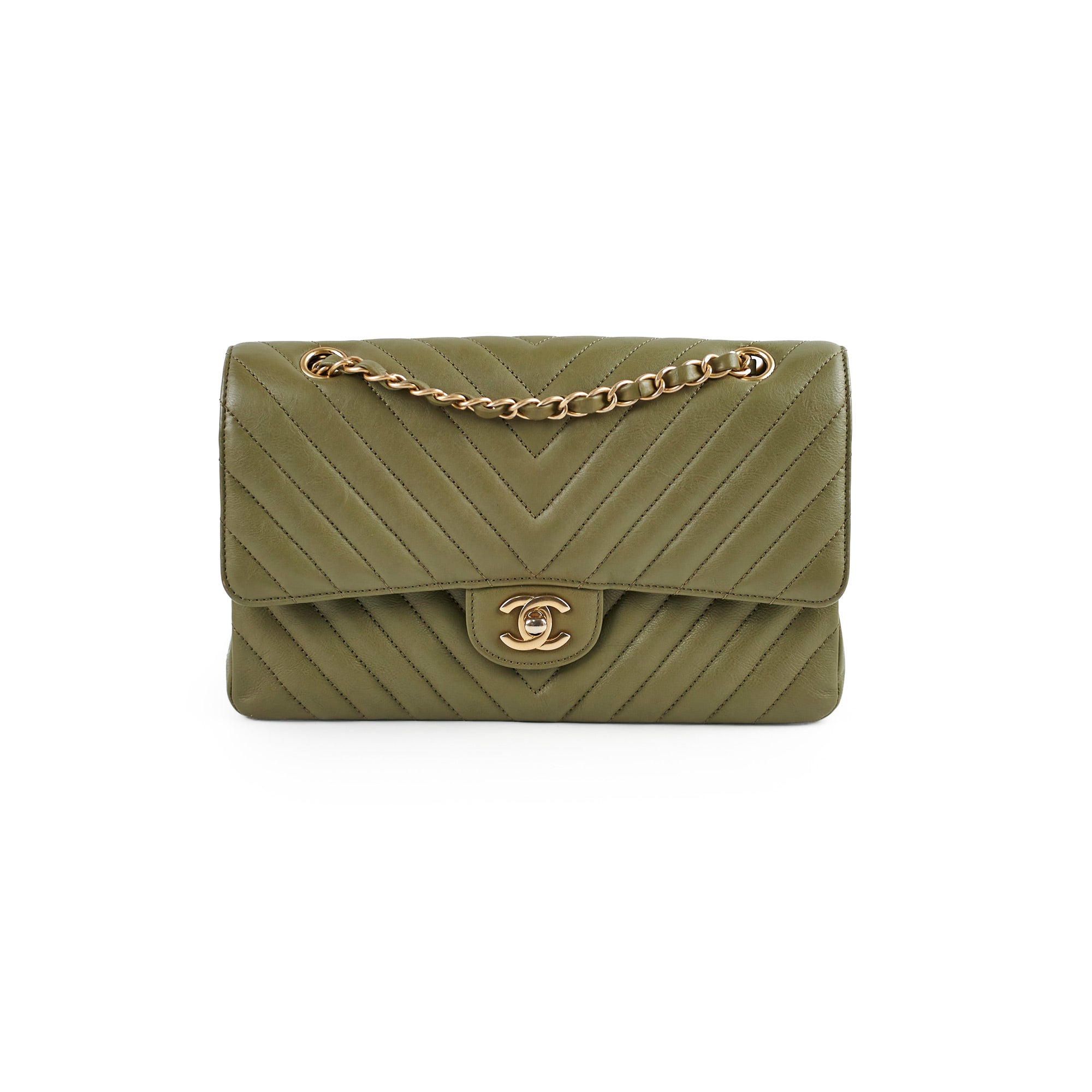 Chanel Chevron M/L Classic Flap Bag in Khaki - Luxury Designer Handbag for Women | Perfect for Work, Evening Events & Special Occasions