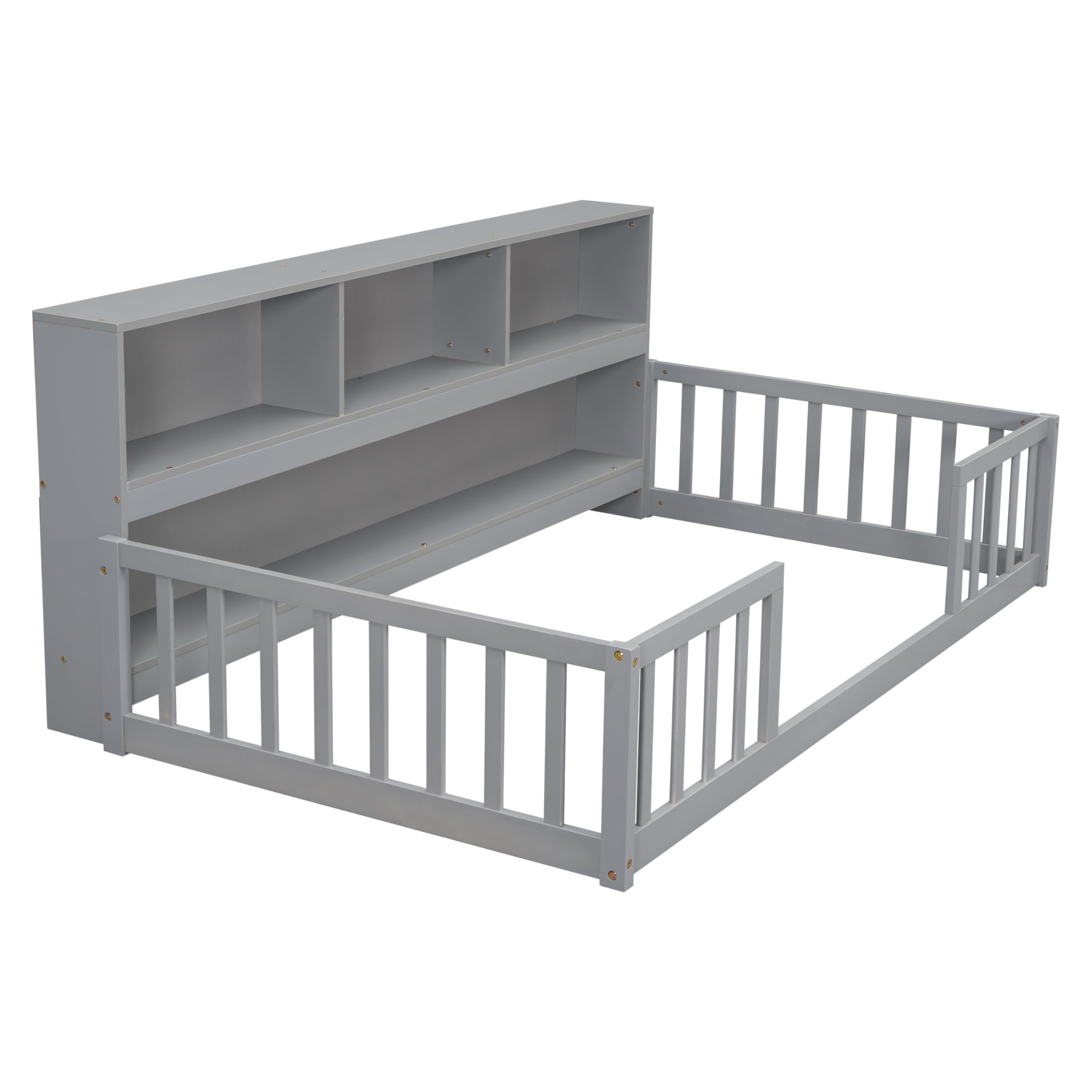 Montessori Floor Bed for Kids - Twin Size with Bookcase, Shelves & Guardrails - Gray Wooden Bed Frame for Boys & Girls - Perfect for Bedrooms, Playrooms & Montessori Learning Spaces