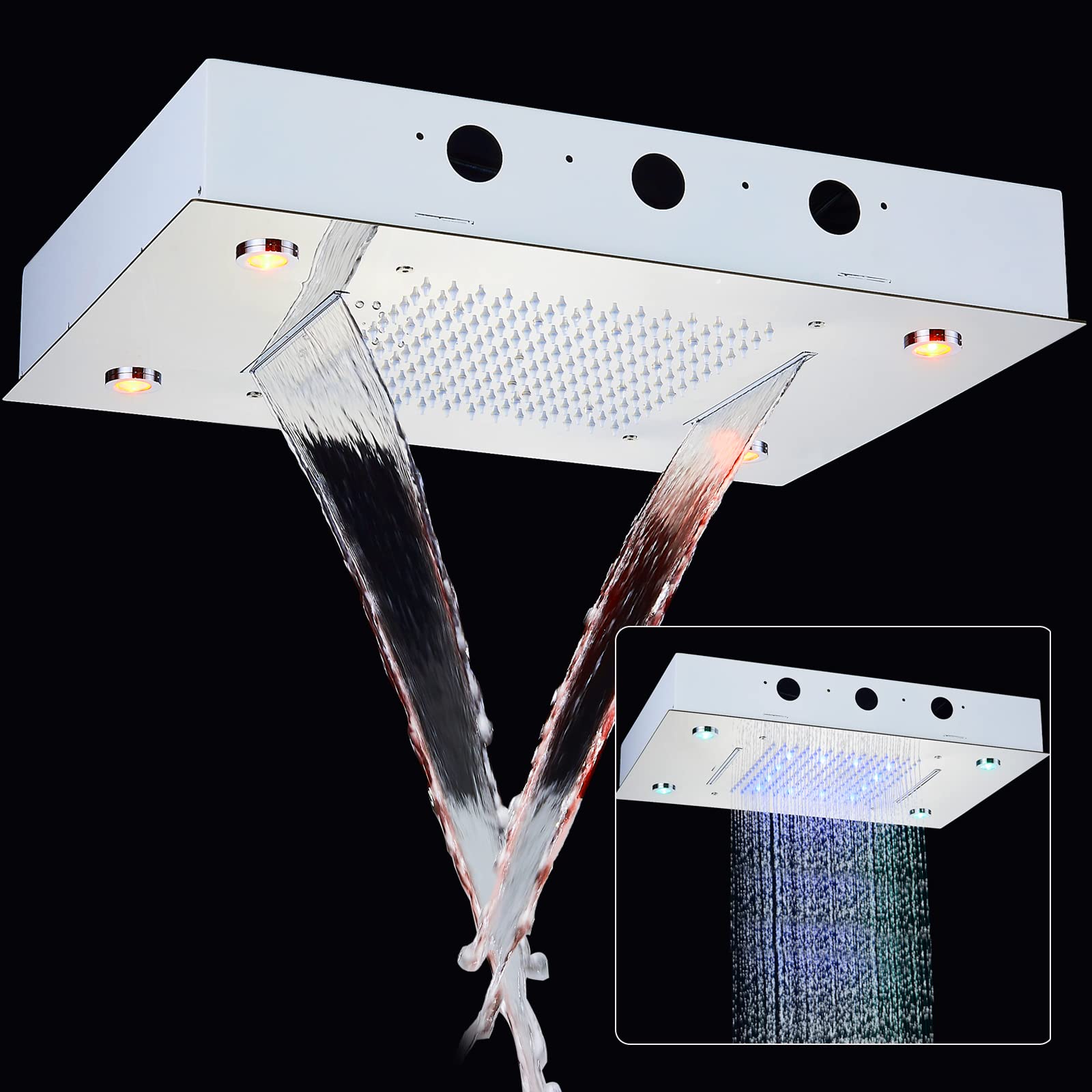Suguword 20 X 14 Inch LED Square Rain Shower Head - High Pressure Ceiling Mounted Bathroom Shower System with Waterfall Rainfall Function, Chrome Finish for Luxurious Spa-Like Experience at Home