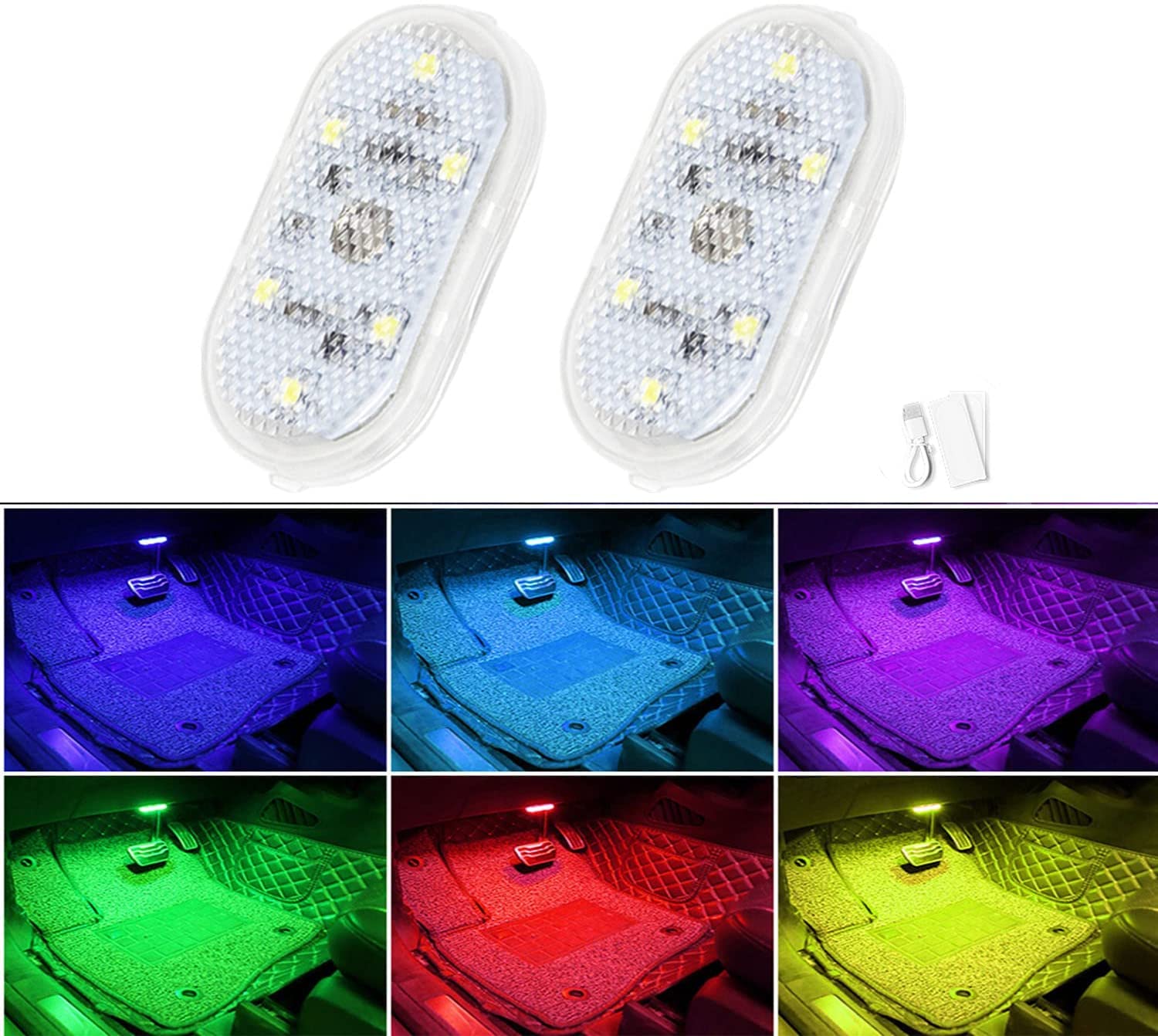 2 Pack USB Rechargeable 7-Color LED Car Interior Lights with 6 Bright Beads - Portable Atmosphere & Reading Lights for Night Driving, Car Decor, Parties, and Home Use