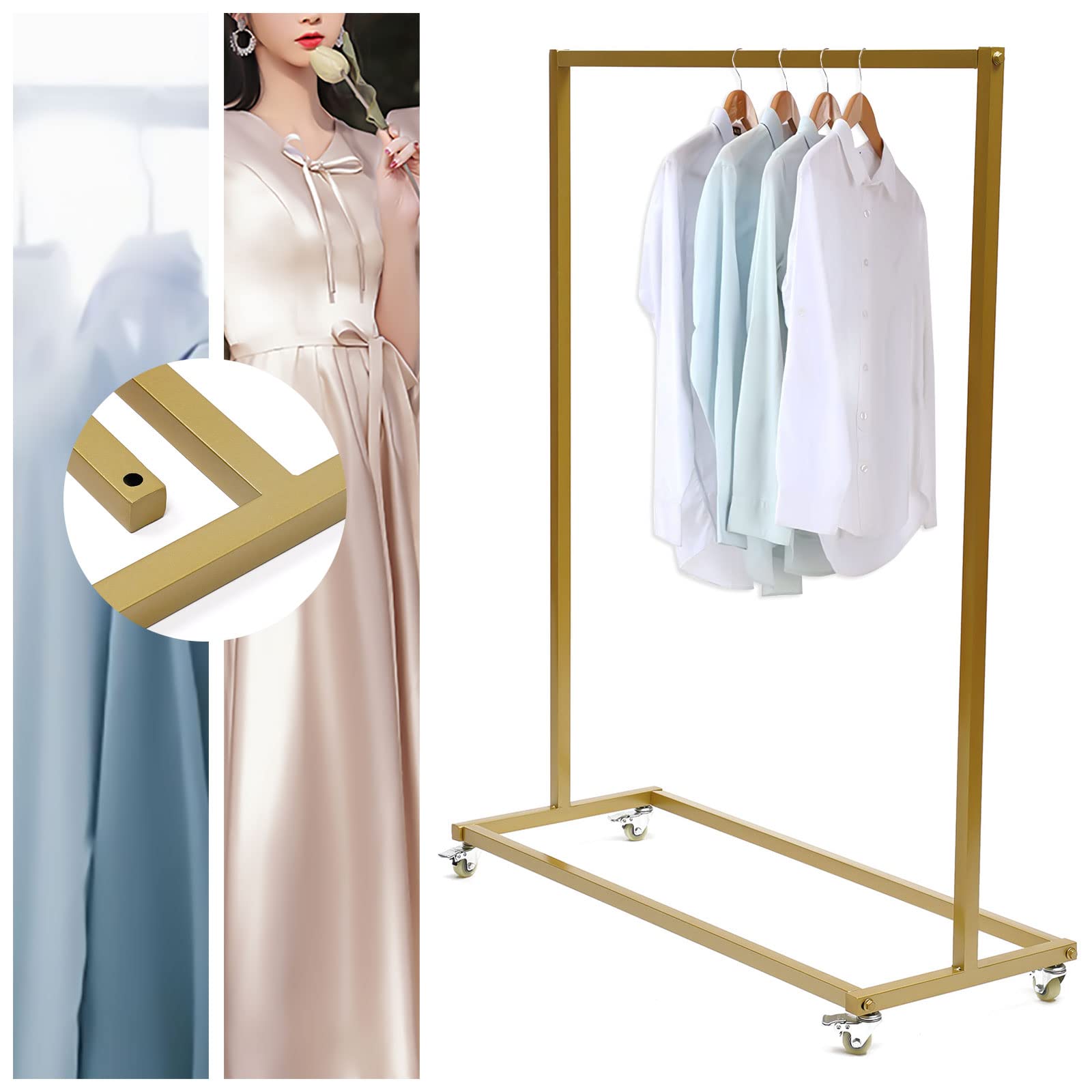 Golden Metal Wrought Iron Clothing Rack with Wheels - Heavy Duty Garment Display Stand for Wedding Dresses, Bridal Gowns & Retail Stores - Perfect for Boutiques, Bridal Shops and Home Closet Organization
