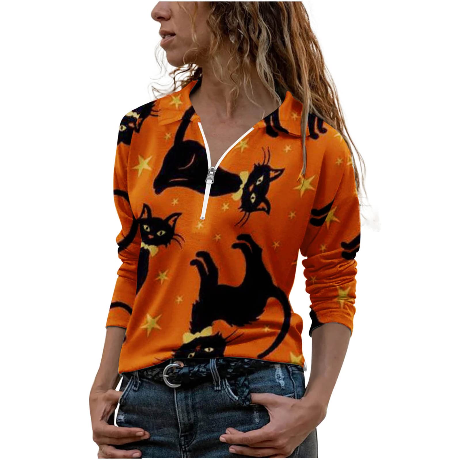 Women's Quarter Zip Pullover - Cute Cat Graphic Long Sleeve Blouse for Halloween | Casual Fall & Summer Shirt | Perfect for Costume Parties, Office Wear & Everyday Outfits