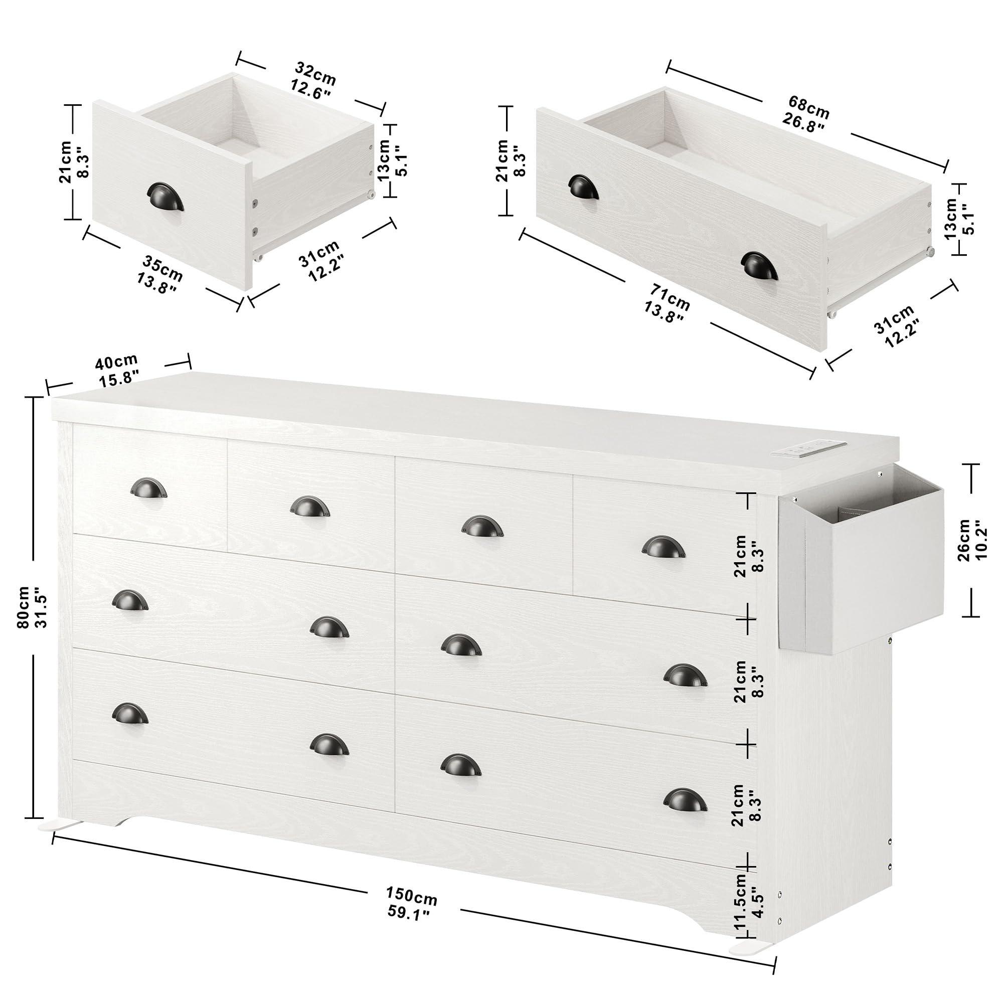 LIKIMIO 8-Drawer Modern Wood Dresser with USB Charging Station & Storage Bag - White Bedroom Chest for Clothes, Entryway Storage & Living Room Organization