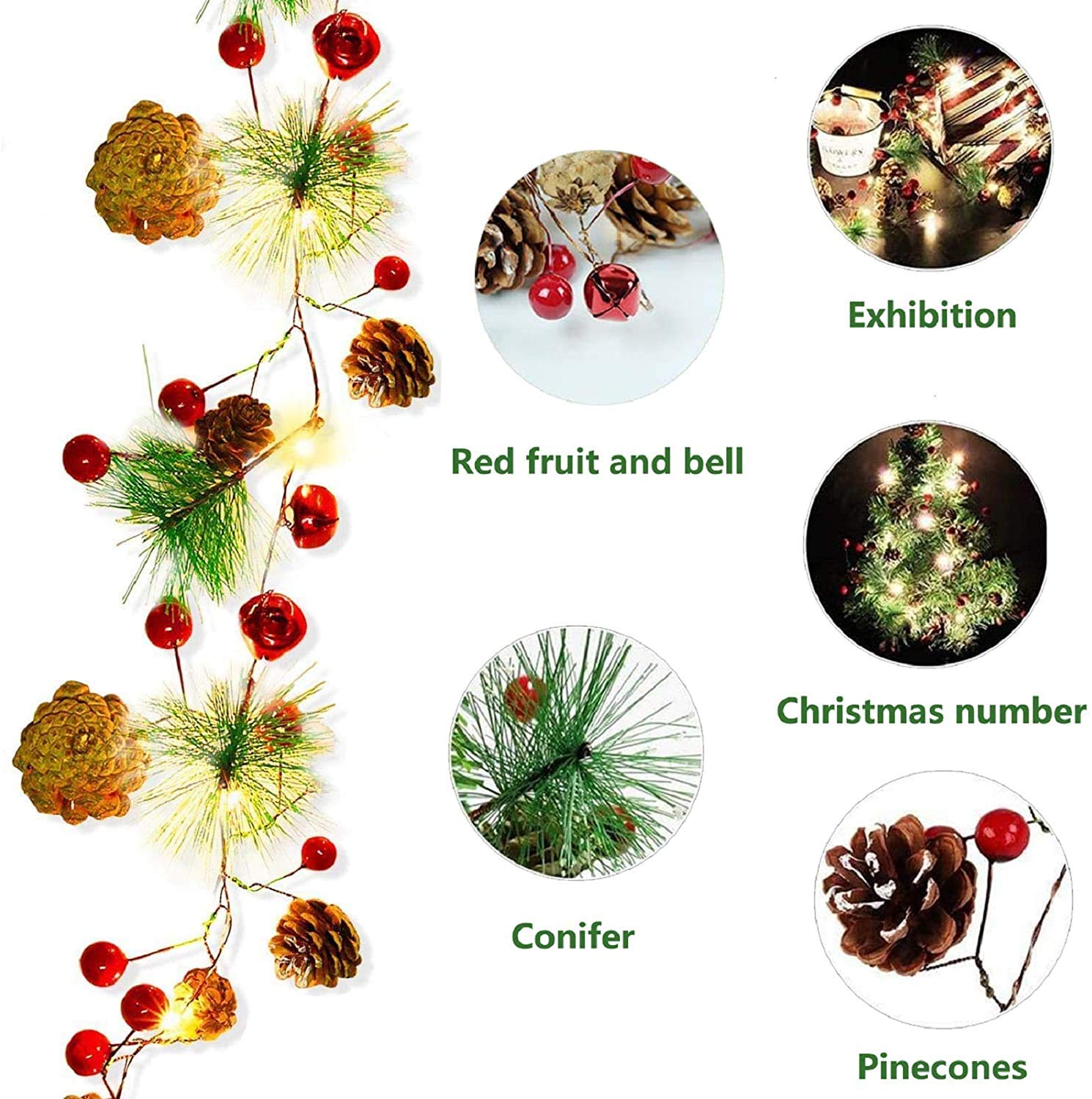 10FT 30LED Red Berry Pine Cone Christmas Garland with Battery Operated Lights - Fireplace Mantel Decor, Holiday Home Decoration, Indoor Outdoor Xmas String Lights for Party Wedding Winter Decorations