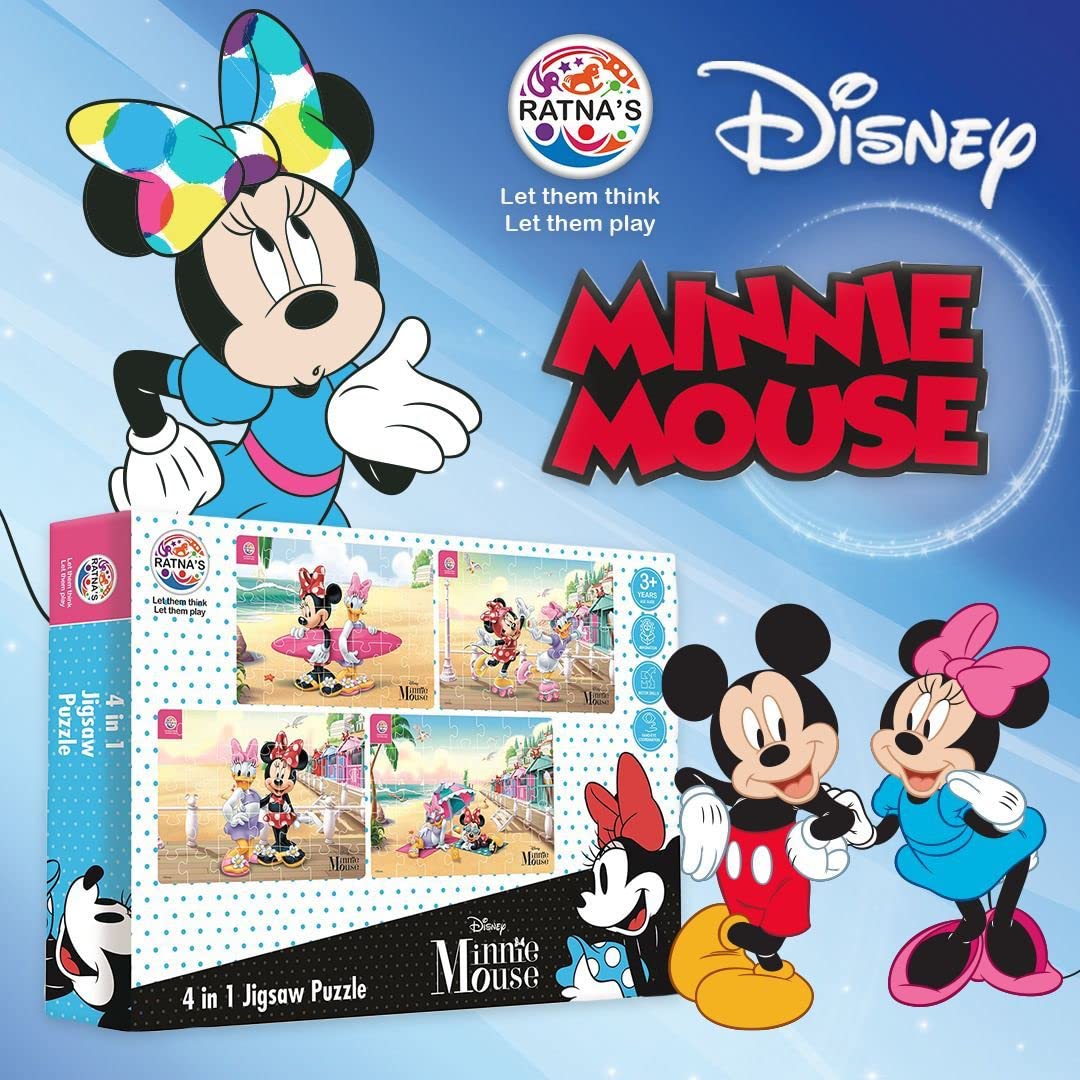 Ratna's 4-in-1 Disney Jigsaw Puzzle Set - 140 Pieces (4x35pc) Featuring Minnie Mouse & Daisy - Educational Kids Puzzle for Family Game Night & Birthday Gifts