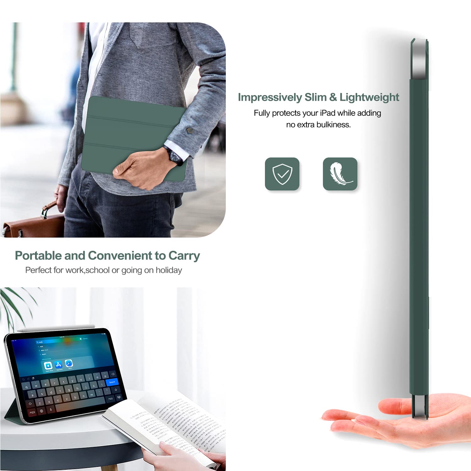 Premium Magnetic iPad Air 11 Inch Case (2025/2024 M3/M2) & iPad Air 10.9 Inch (5th/4th Gen 2022/2020) - Slim Trifold Stand Smart Cover with Apple Pencil Charging Support - Dark Green - Perfect for Work, Travel & Home Office Use