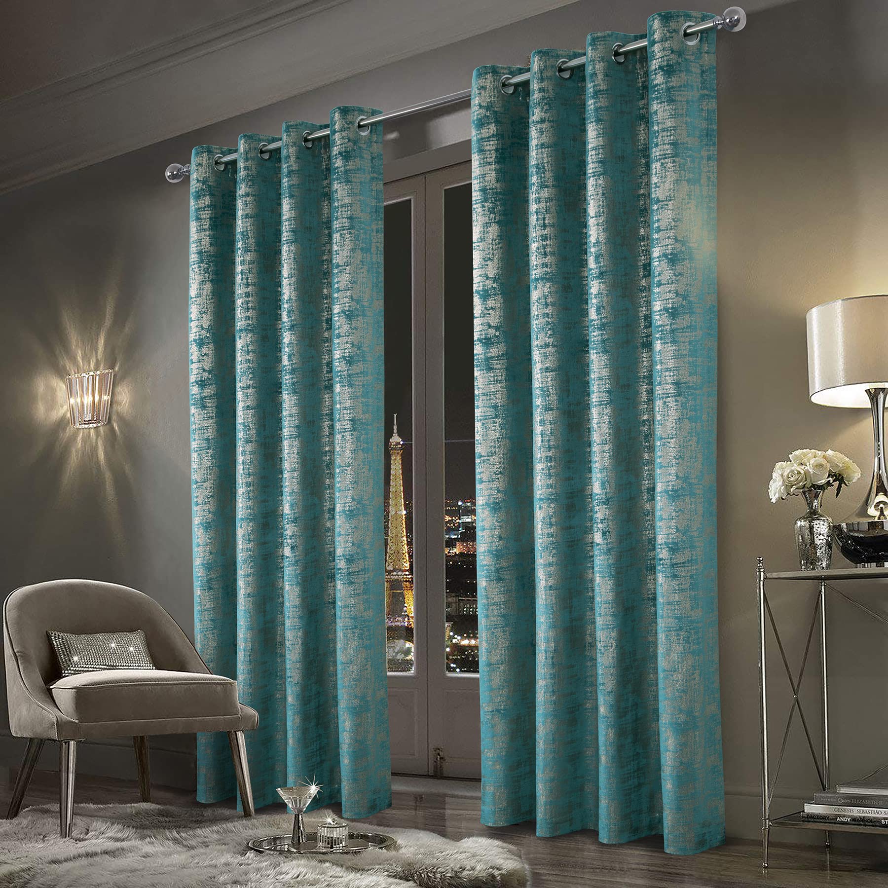 Always4u Soft Velvet Curtains 84 Inch Length - Luxury Blackout Curtains with Gold Foil Print for Bedroom & Living Room - Thermal Insulated Window Treatments (Set of 2, Teal) - Perfect for Home Decor, Privacy & Light Control