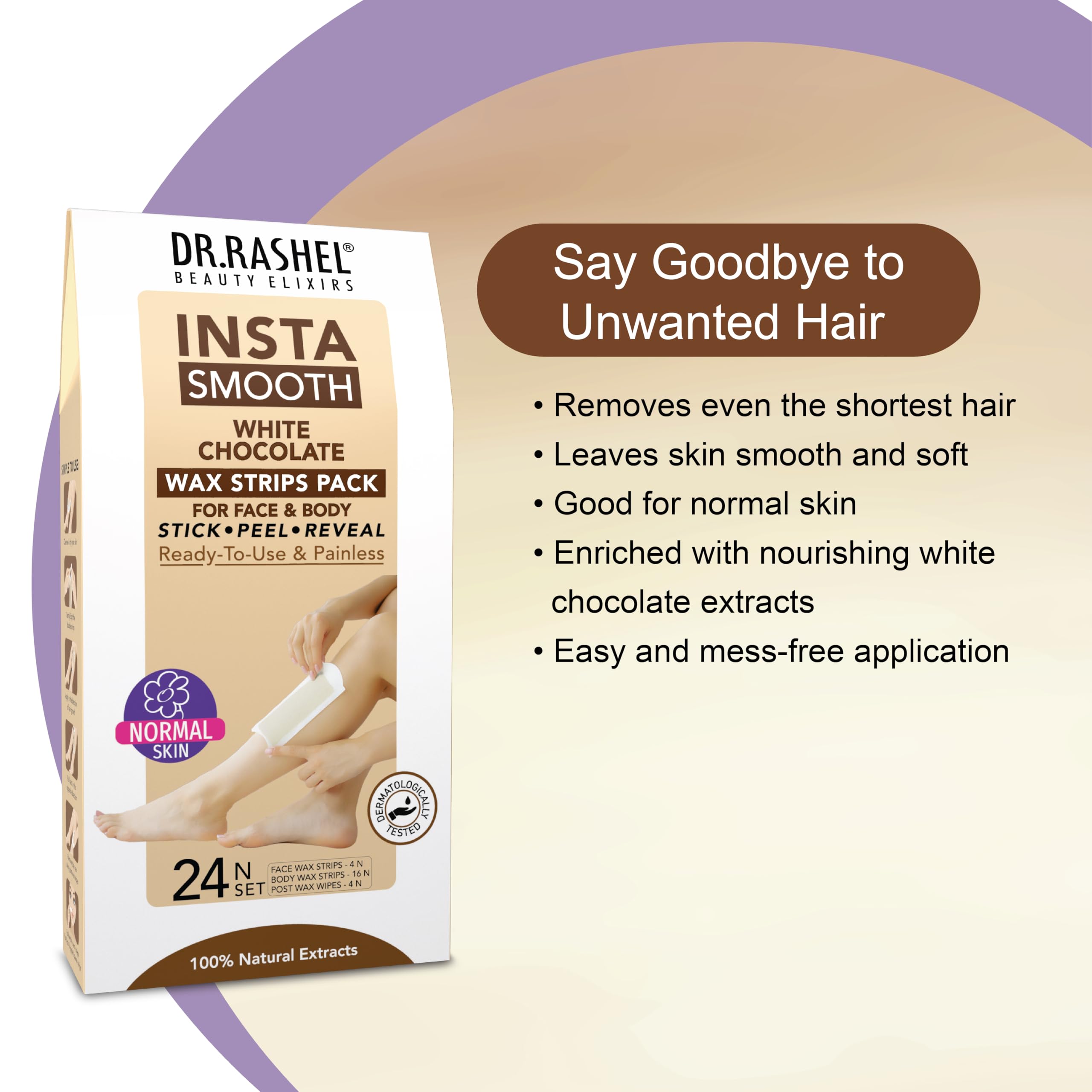 DR.Rashel Insta Smooth White Chocolate Wax Strips - 24 Count for Face & Body Hair Removal | Painless & Gentle Waxing Kit for Smooth Skin | Perfect for Home Use, Travel & DIY Beauty Care