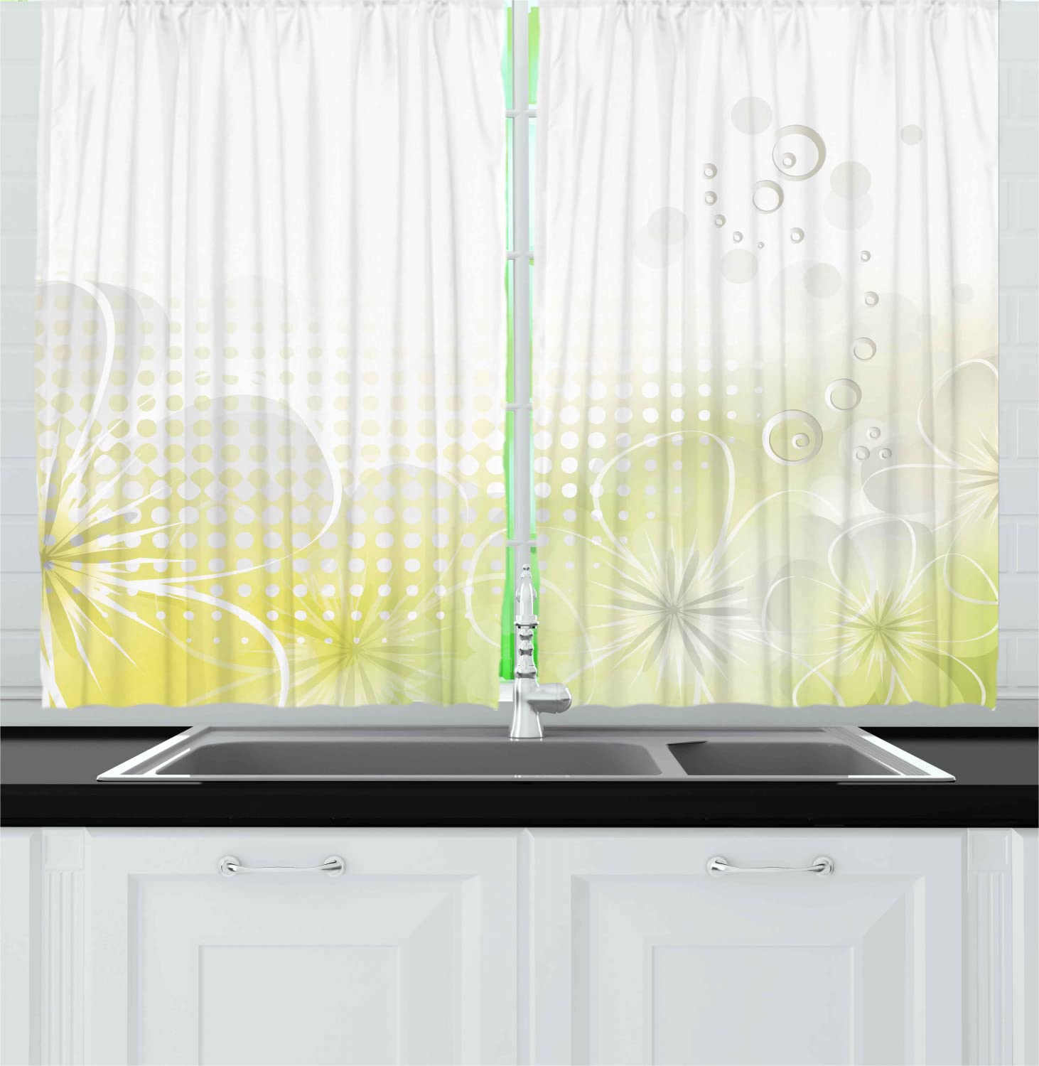 Ambesonne Abstract Grunge Design Kitchen Curtains - Grey & Yellow Water Bubbles & Flowers Print, 55x45 Inch Rod Pocket Drapes, 2 Panels for Windows, Perfect for Modern Farmhouse & Boho Decor