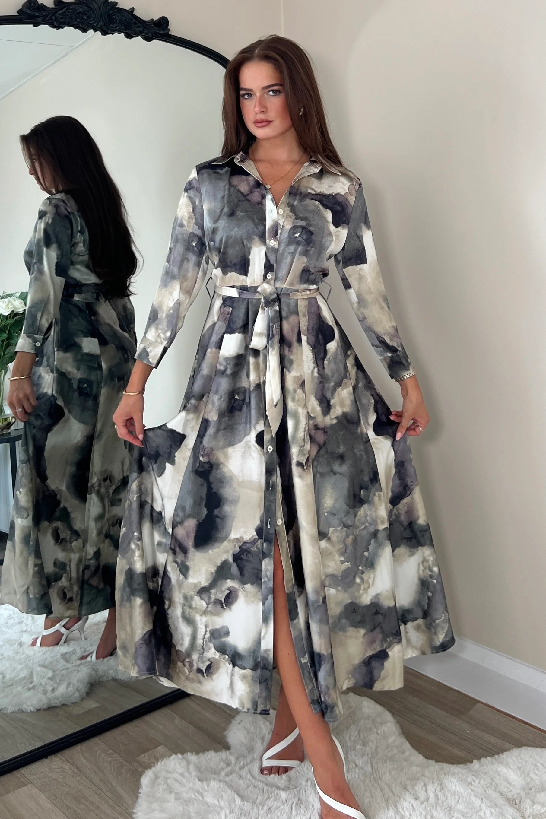 Angela Shirt Dress - Stylish Grey Print Floral Wrap Dress for Women | Perfect for Office, Date Night & Spring Outfits