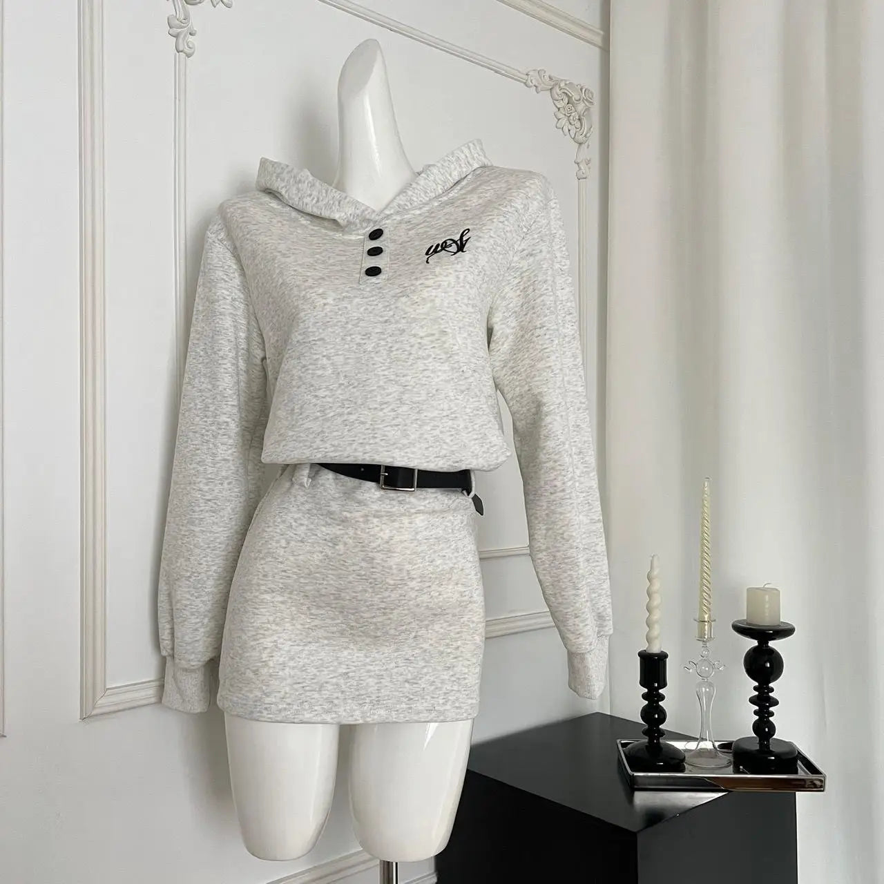 2024 Korean Fashion Autumn Beige Elegant Button Hoodie Sweatshirt Mini Dress - Women's Long Sleeve Y2K Slim Short Dress for Vacation, Streetwear & Casual Outfits