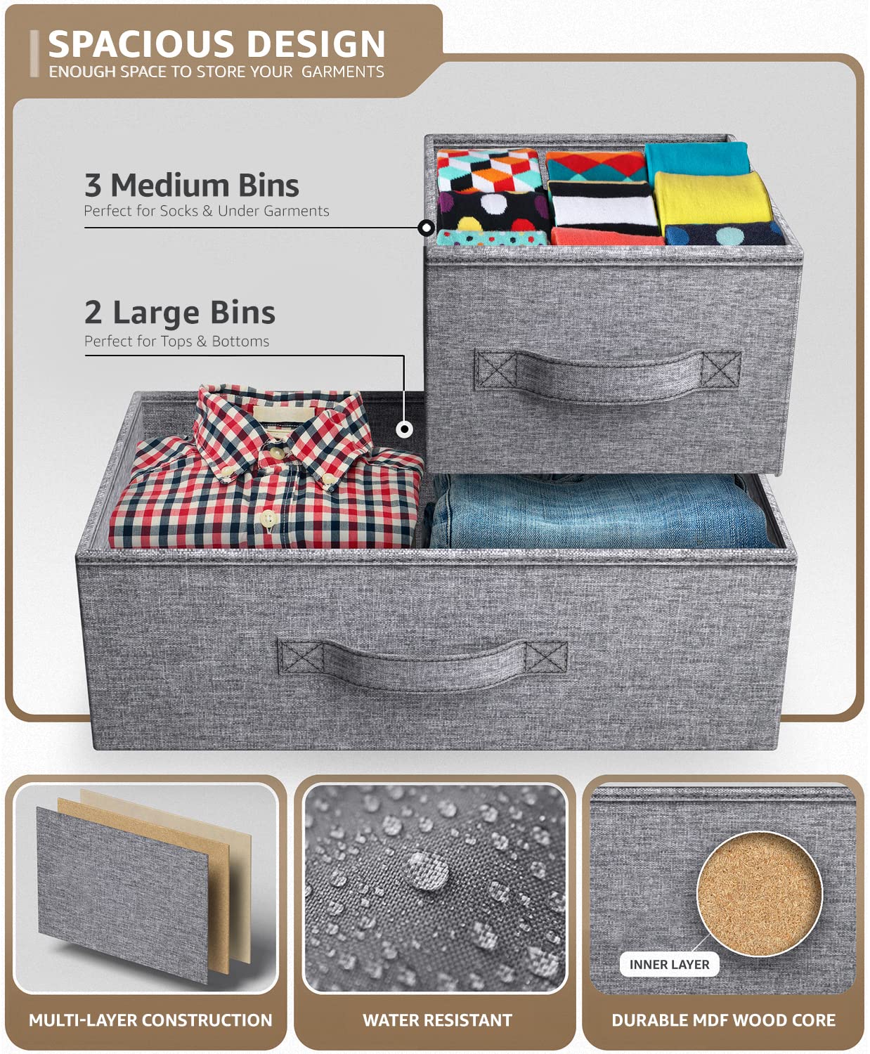 Sorbus 5-Drawer Dresser with Steel Frame & Wood Top - Fabric Bin Storage Organizer for Bedroom, Hallway, Closet & Office - Wide TV Stand Furniture for Home Organization & Space Saving
