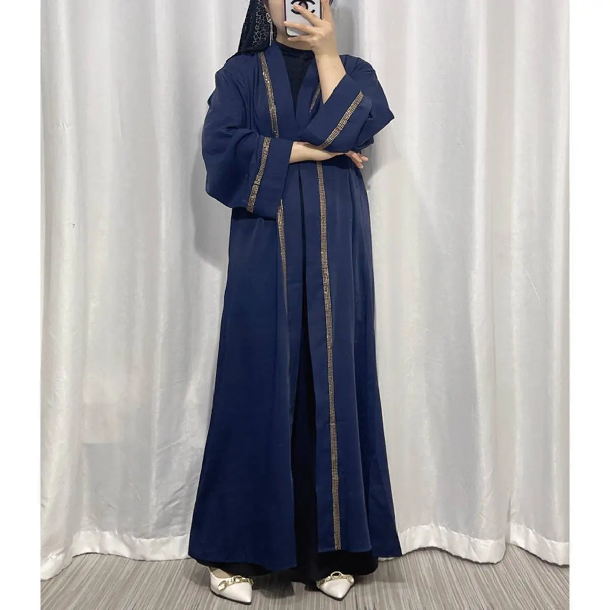 Hotfix Rhinestone Trim Muslim Women's Cardigan Open Abaya Dress - Elegant Islamic Fashion for Prayer, Wedding & Special Occasions