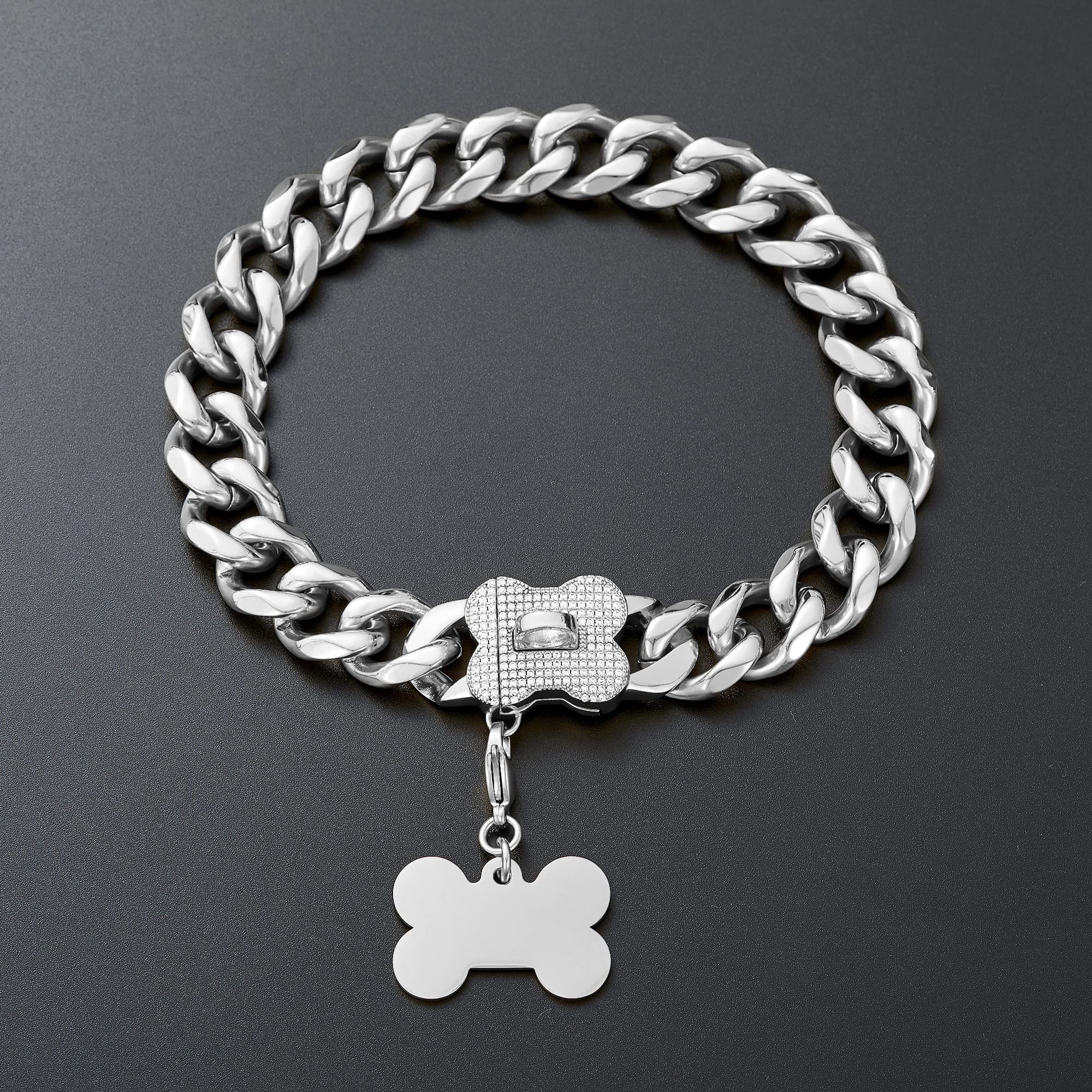 Silver Cuban Link Dog Collar for Medium & Large Breeds - Heavy Duty Chain Collar for Bulldogs, Pitbulls & Outdoor Walking - Perfect for Training, Daily Walks & Pet Fashion Accessories