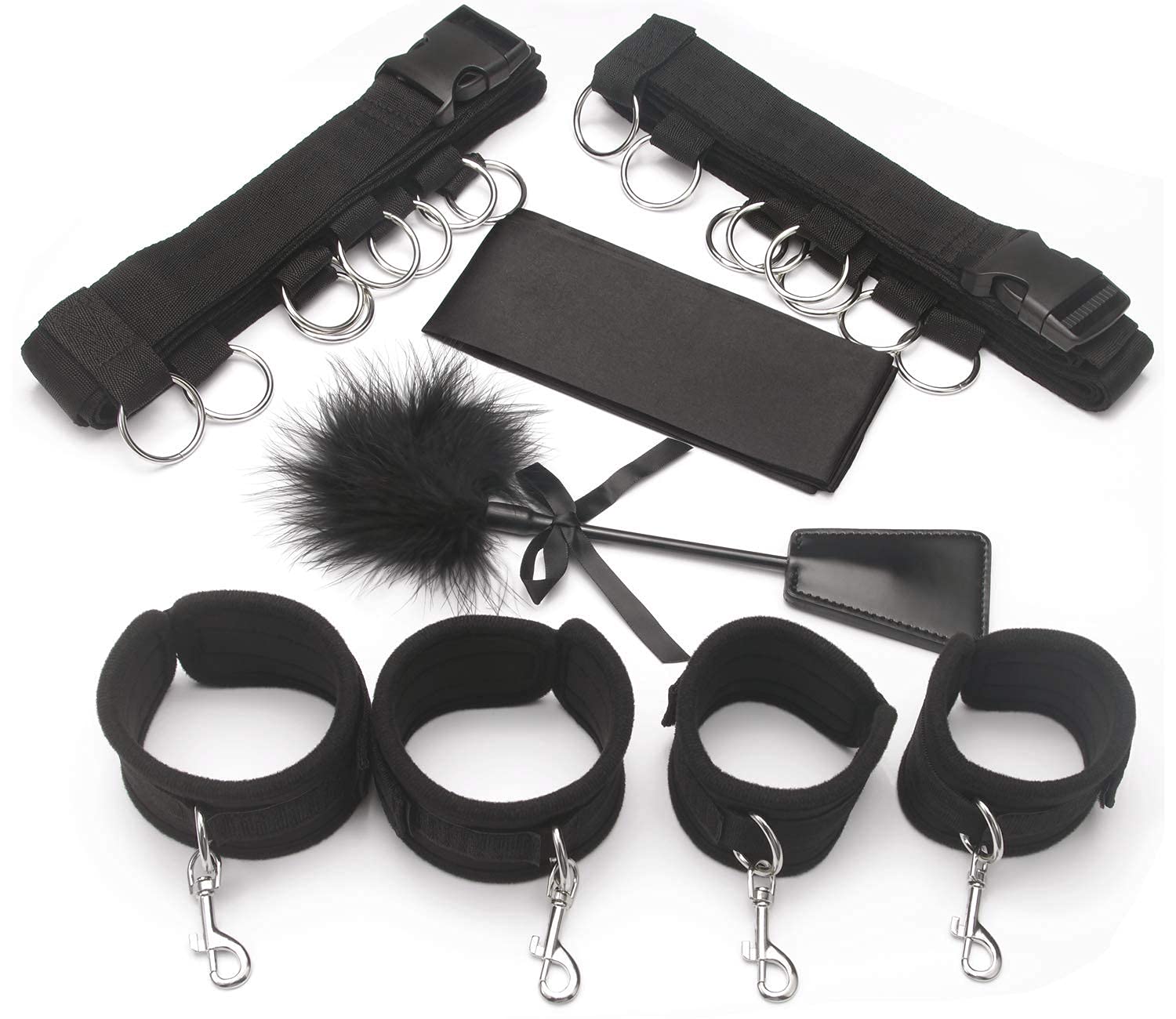 Premium BDSM Bondage Restraint Kit for Couples - Under Mattress Wrist & Ankle Cuffs Set with Blindfold & Tickler - Adult Sex Toys for Spicy Bedroom Play, Roleplay and Sensual Exploration